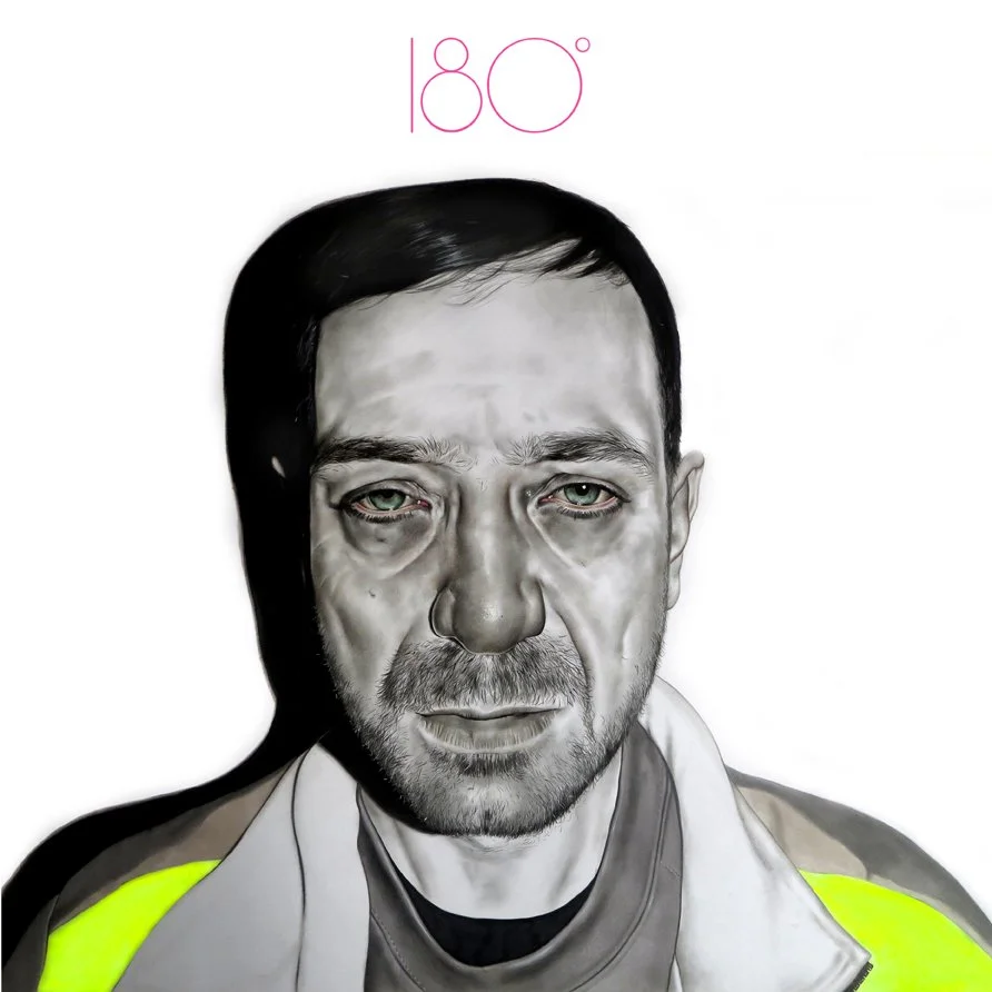 A digitally edited portrait of a man with short dark hair, light eyes, and facial hair, wearing a jacket with neon yellow accents against a white background with the number 180 in pink at the top.
