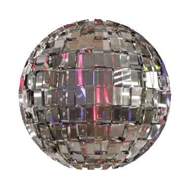 A disco ball with reflective mirrored tiles against a green background.