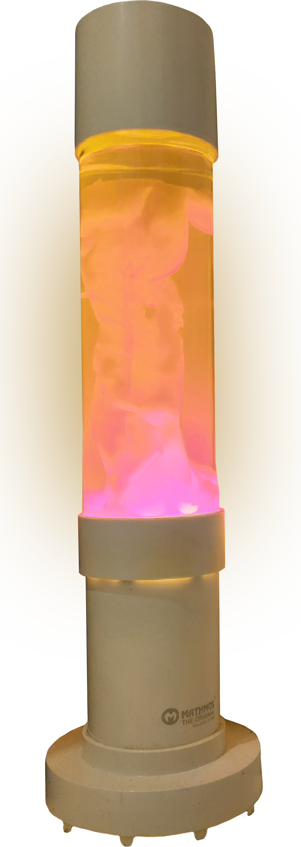 A lava lamp with pink and orange wax in a clear glass container on a beige base, with a gold background.