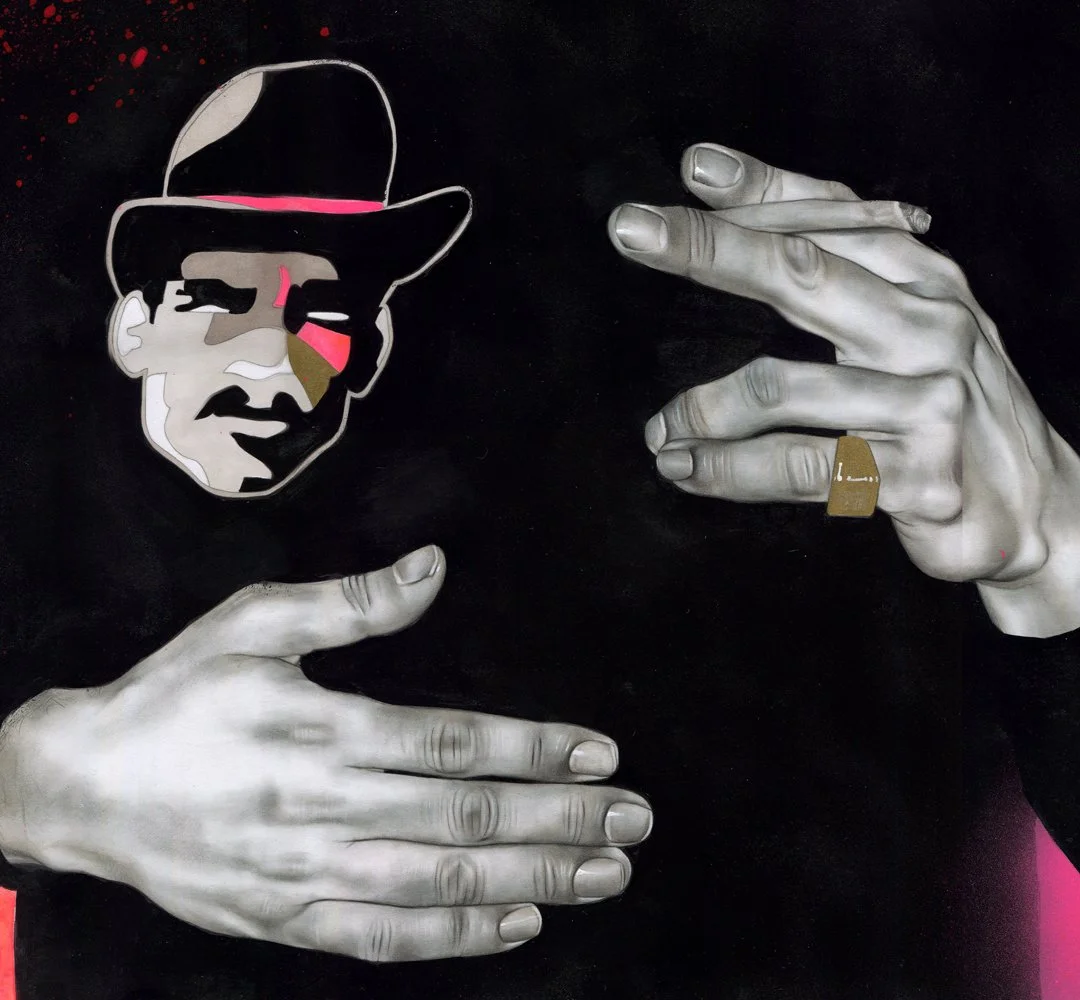 Street art mural of a person wearing a hat with a stylized face in black, white, pink, and gold, with two large gray hands, one with a gold ring, against a black background.