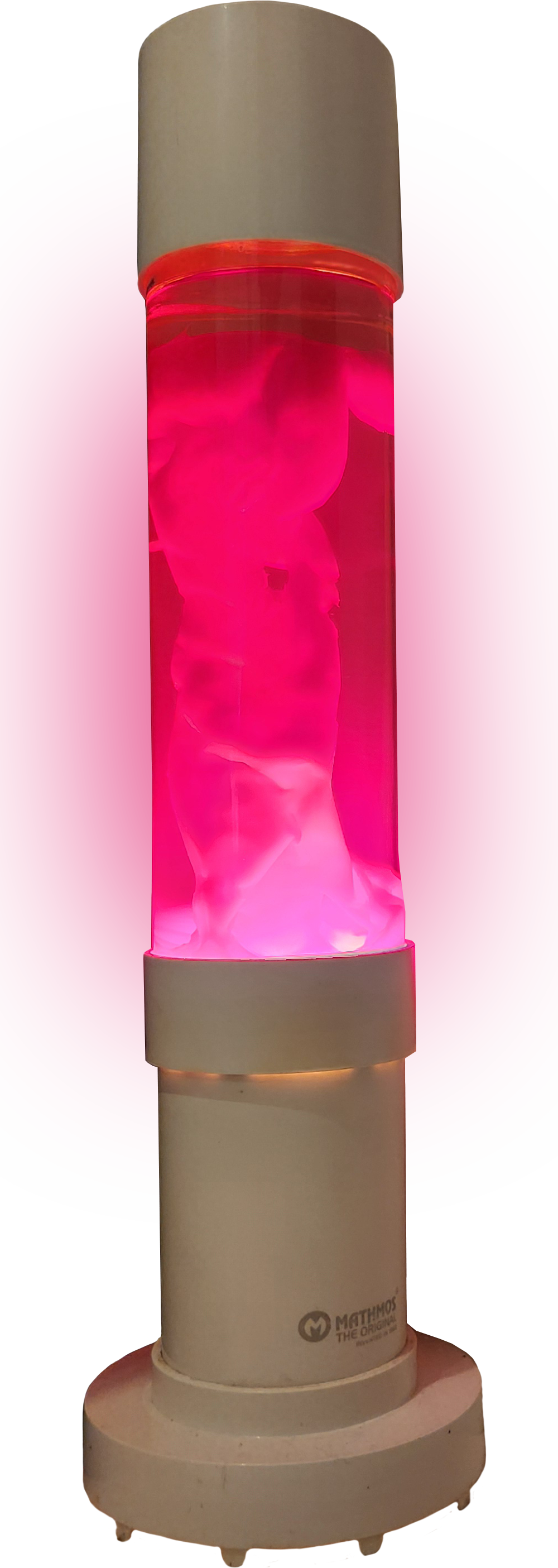 A lava lamp with pink wax inside, illuminated against a pink background.