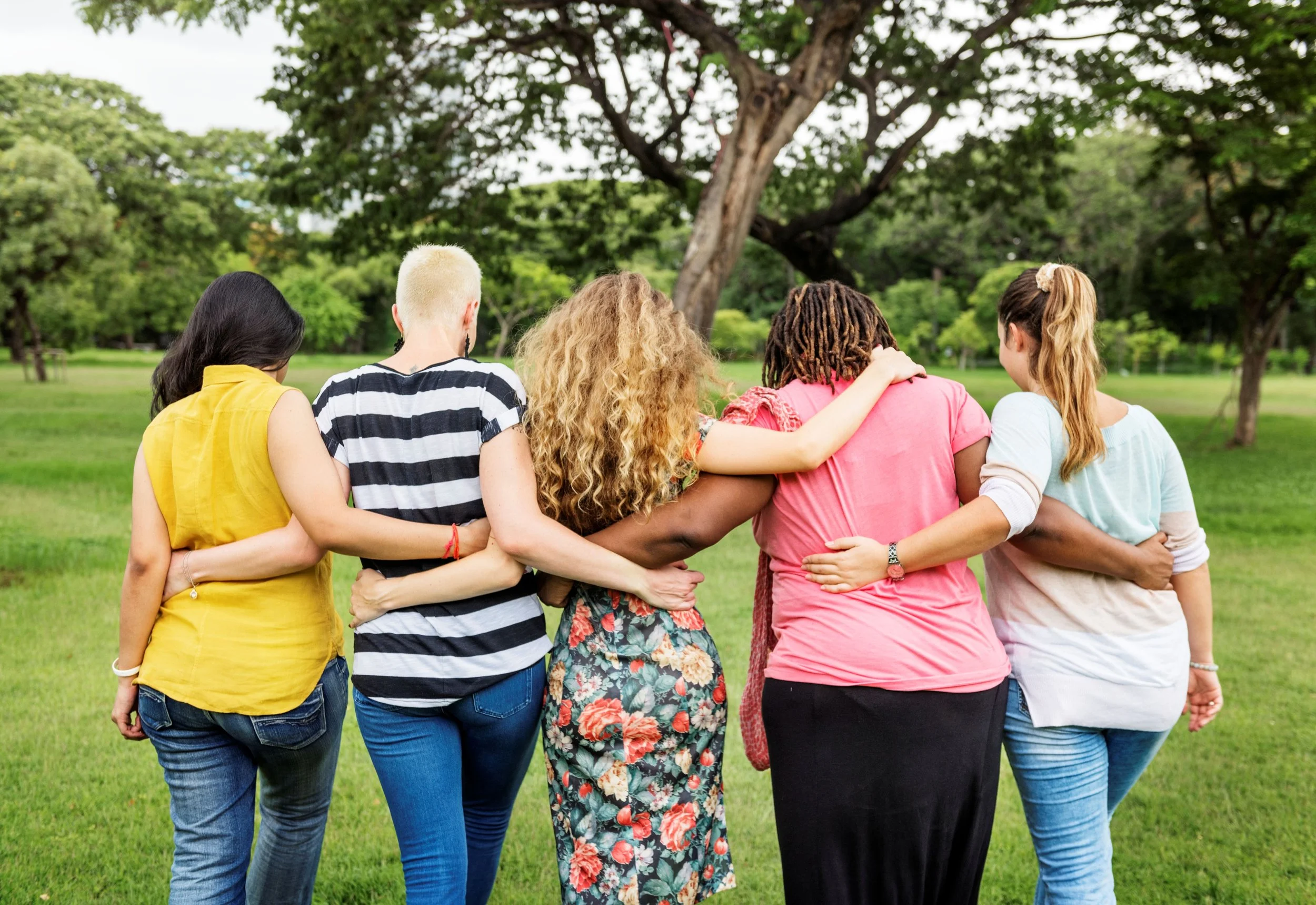 diverse group of women with arms around each other walking towards tree in green field away from camera