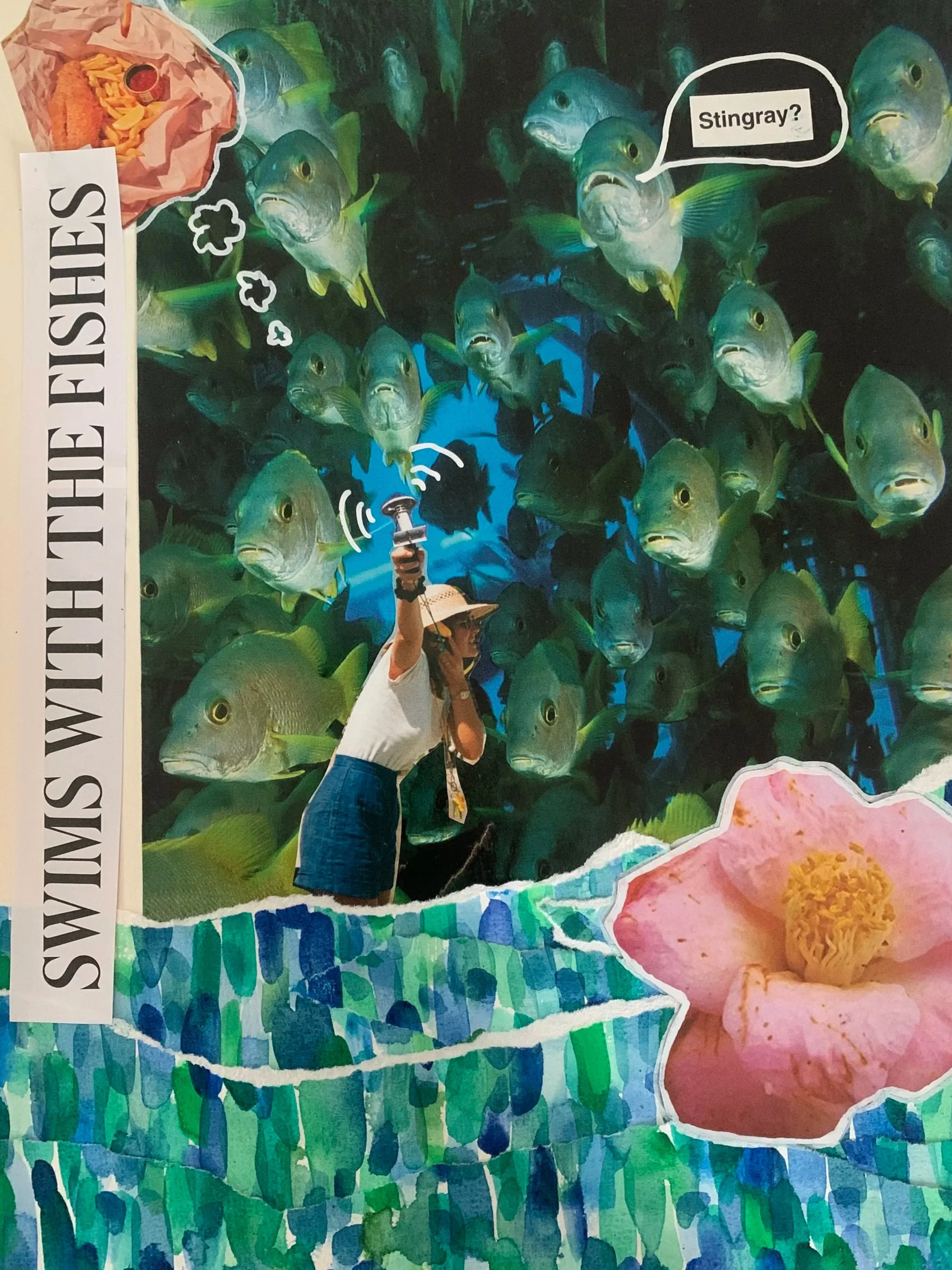 A collage-style photo depicting a woman taking a selfie with a background of numerous fish with a speech bubble asking 'Stingray?' and a large pink flower at the bottom. The left side features text reading 'SWIM WITH THE FUTURE FISHES'.