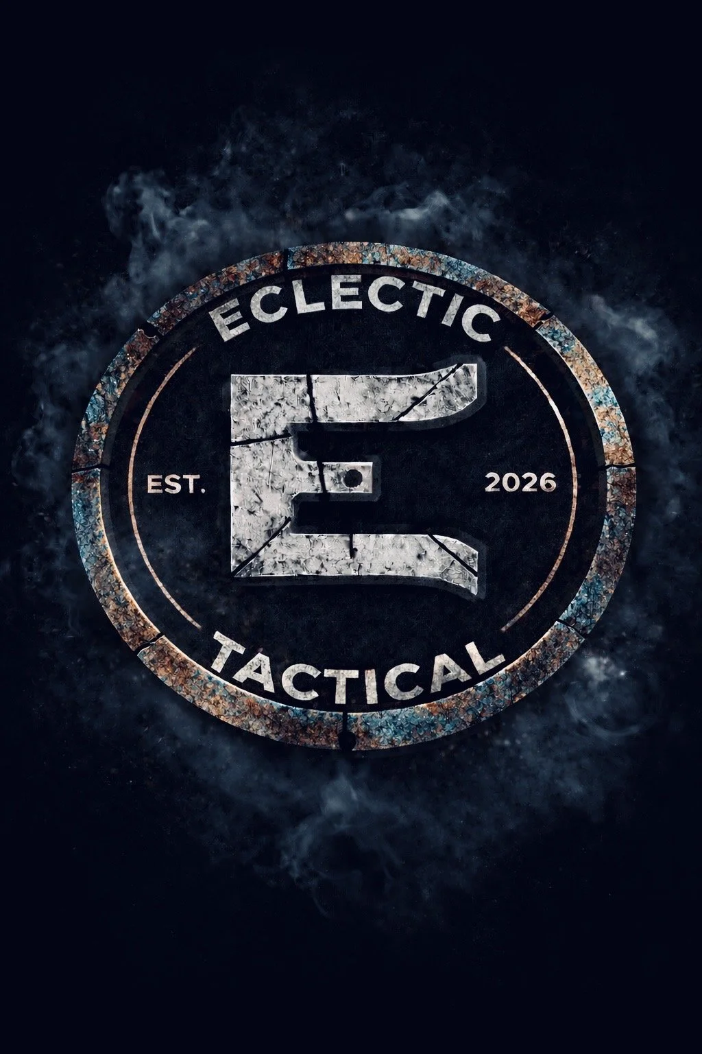 A circular emblem with a distressed, rusty border and a black background. The center features a large, cracked metallic letter 'E' with crosshairs. The text around the circle reads 'ELECTIC TACTICAL,' with 'EST. 2026' on either side of the letter.