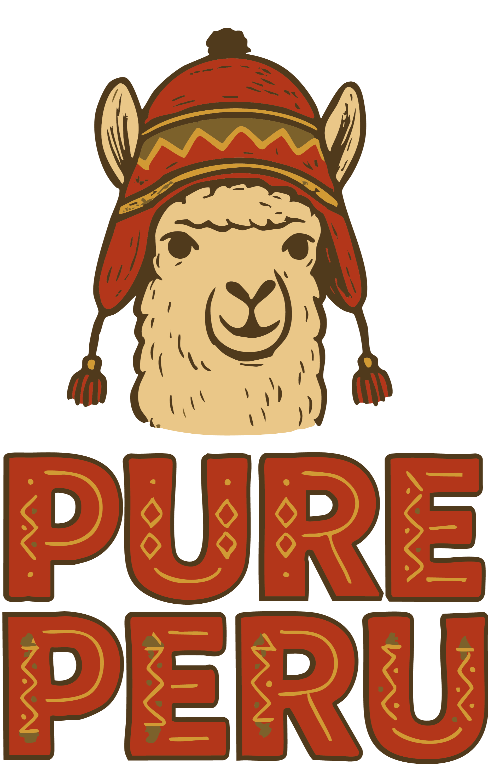 Illustration of a llama wearing a red headdress with yellow and brown details, and the phrase "Pura Peru" in bold, decorative brown and orange letters.