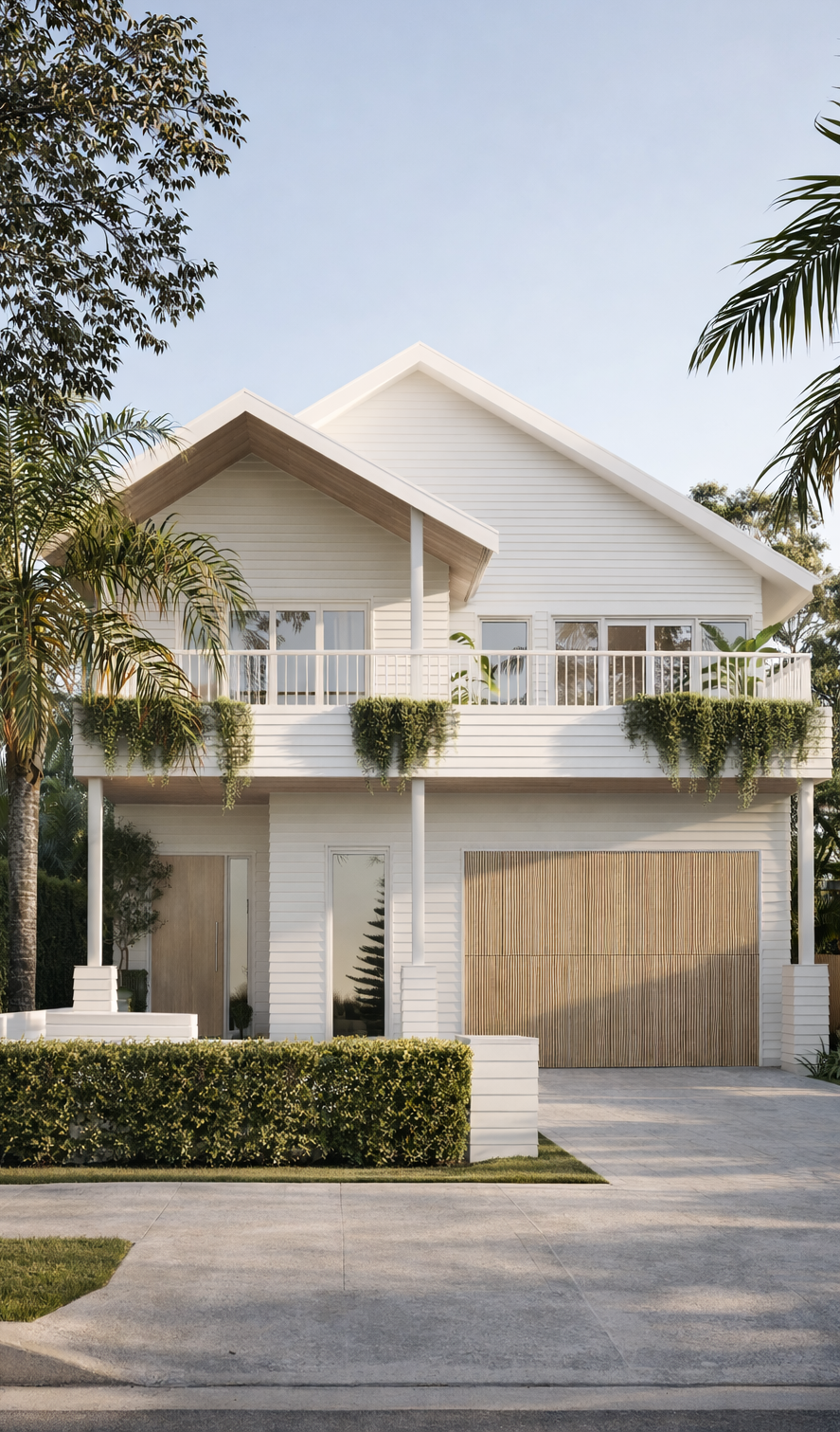 Modern coastal weatherboard home exterior in soft white with timber garage detail