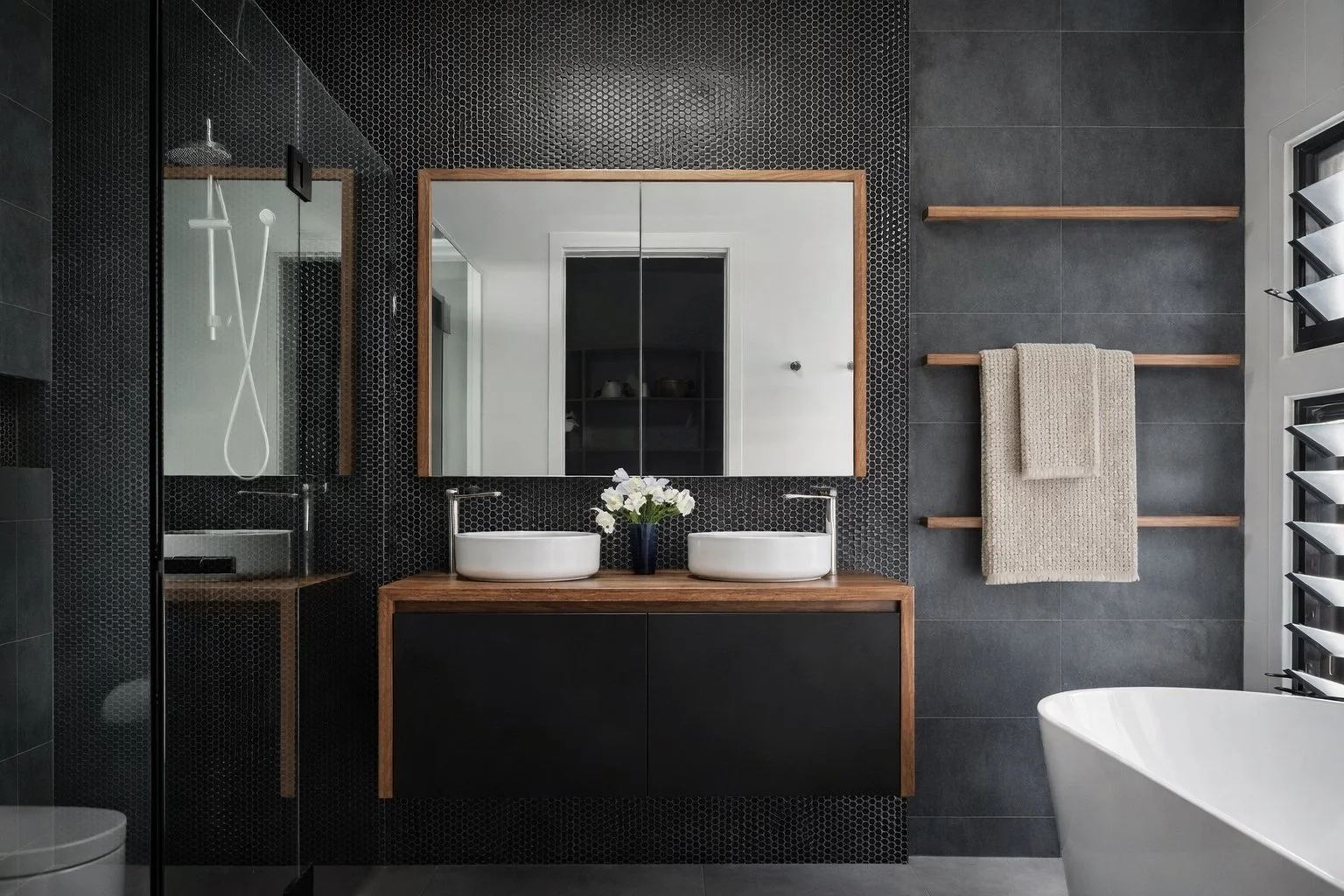Refined bathroom interior design featuring natural timber, stone finishes, and contemporary detailing by Studio Daly