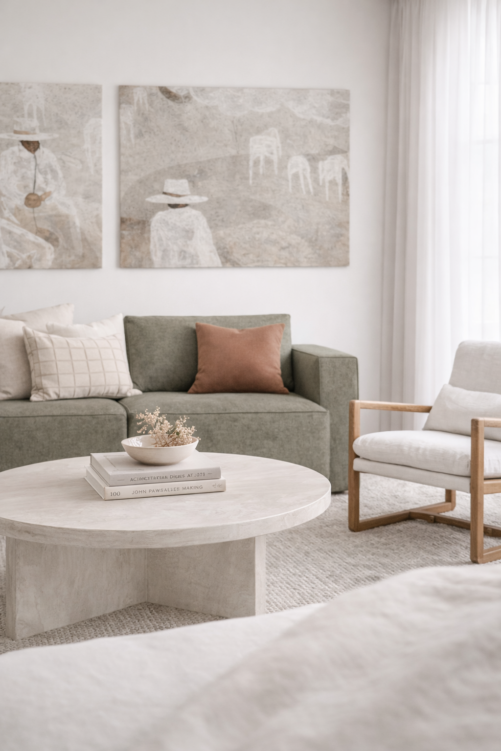 Contemporary coastal living room with olive linen sofa, travertine coffee table, neutral cushions and refined minimalist styling by Studio Daly.