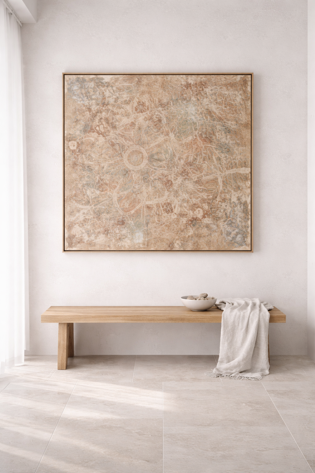 Large neutral abstract artwork above timber bench in a contemporary coastal interior, curated through Studio Daly art specification service.