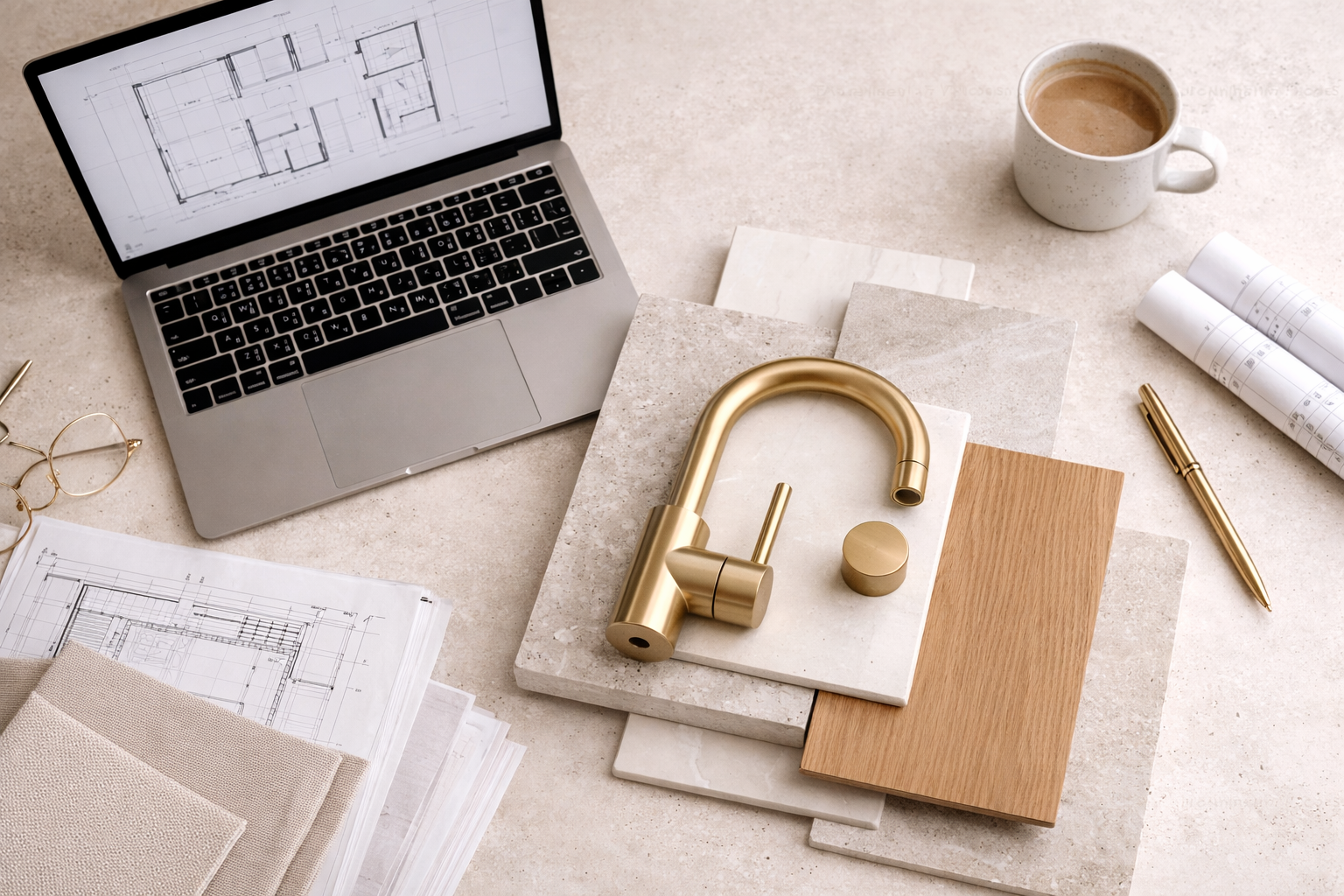 Hard finish specification workspace with architectural plans, stone samples, timber veneer and brushed brass tapware