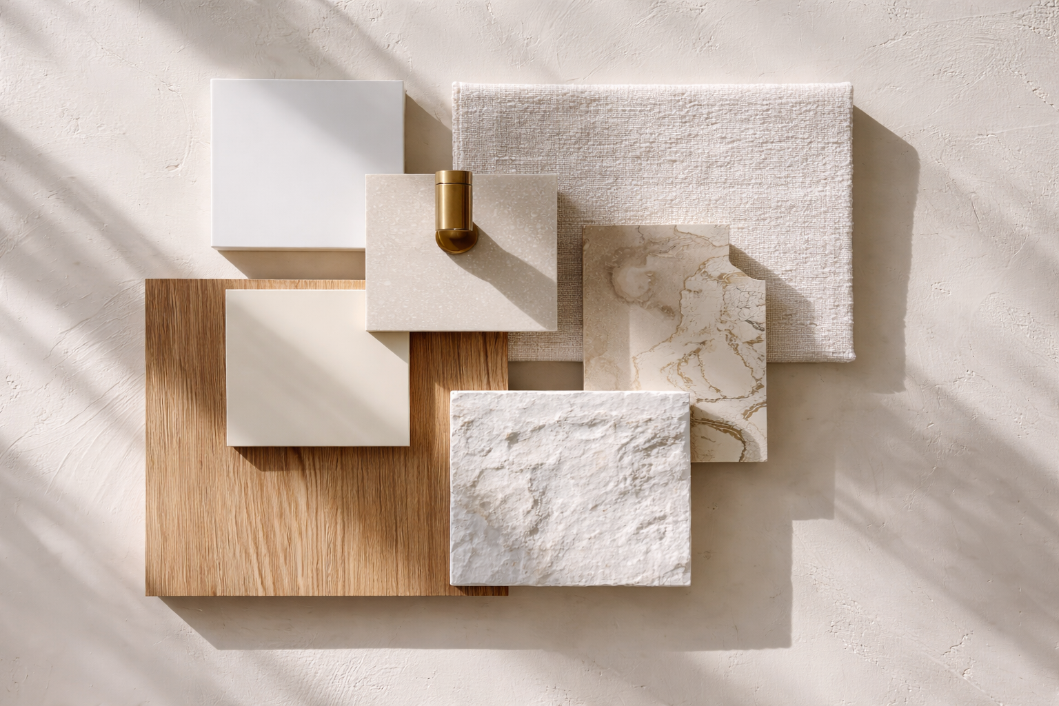 Layered hard finishes board with limestone, marble, oak veneer and brushed brass hardware
