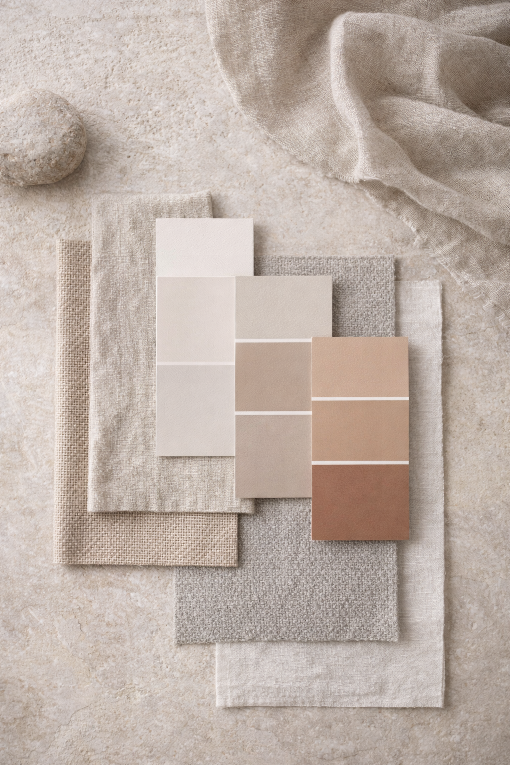 Neutral paint colour samples layered with natural linen and textured fabric swatches for interior colour consultancy by Studio Daly.
