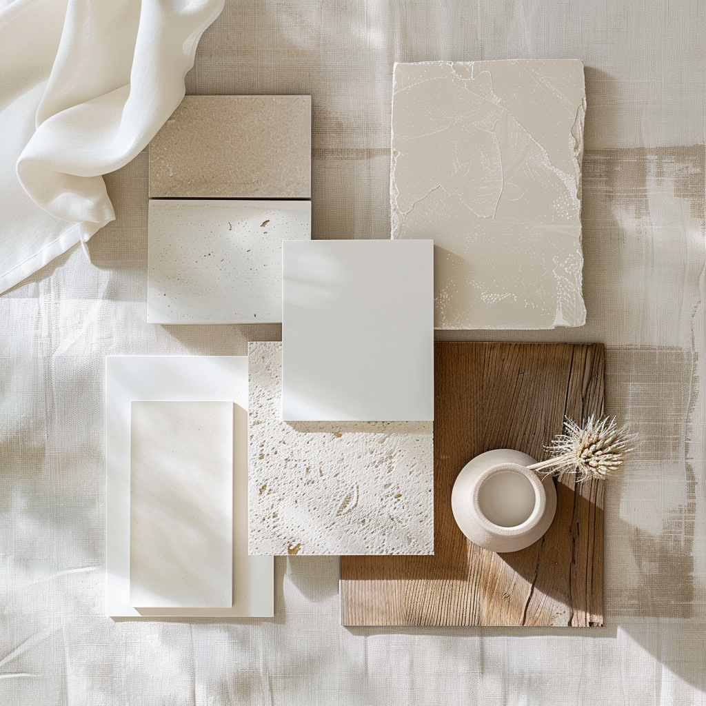Neutral hard finishes palette with stone tiles, timber veneer and layered material samples