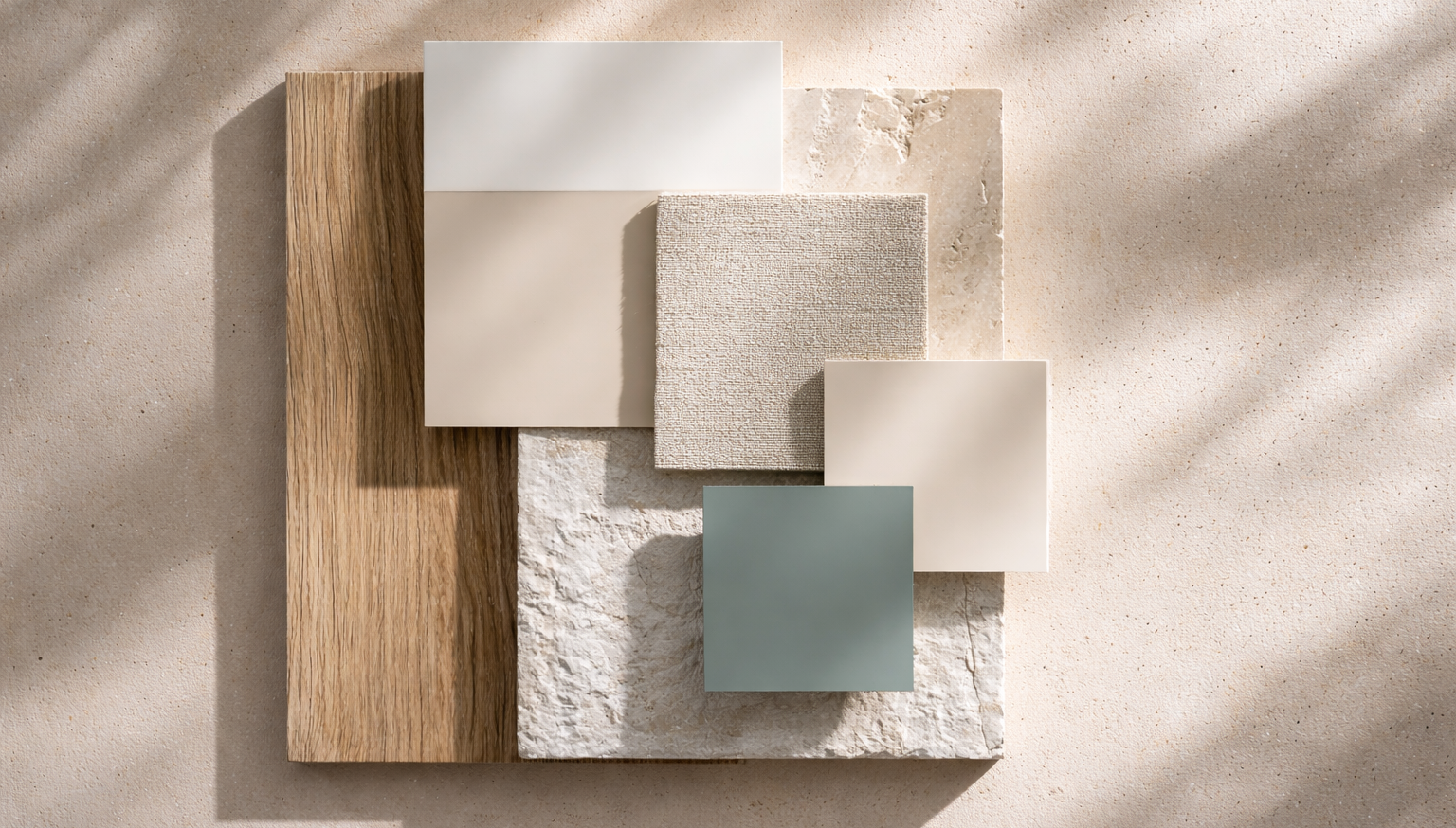 Architectural material mood board with oak timber, limestone, linen and neutral paint samples