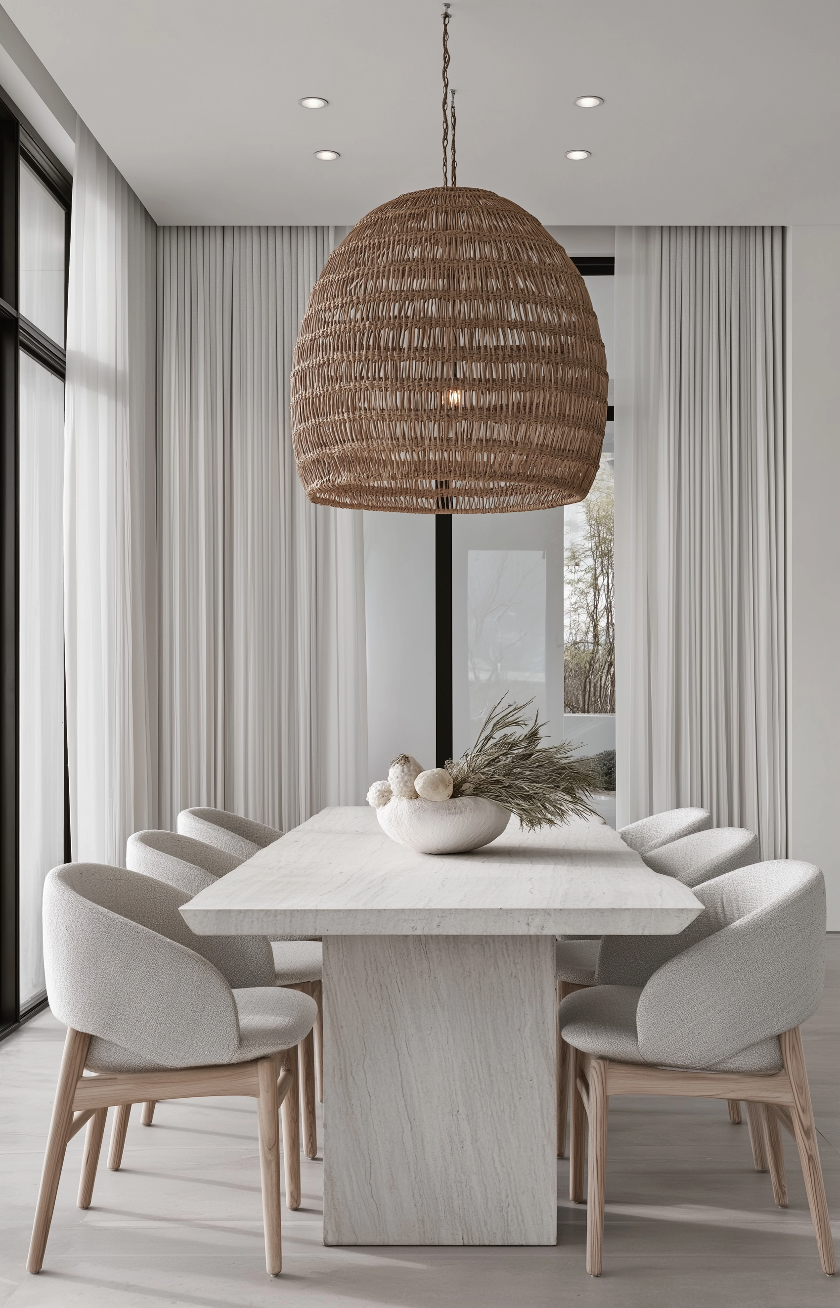 Neutral dining room interior decoration featuring a stone dining table, upholstered chairs, and a woven pendant light.