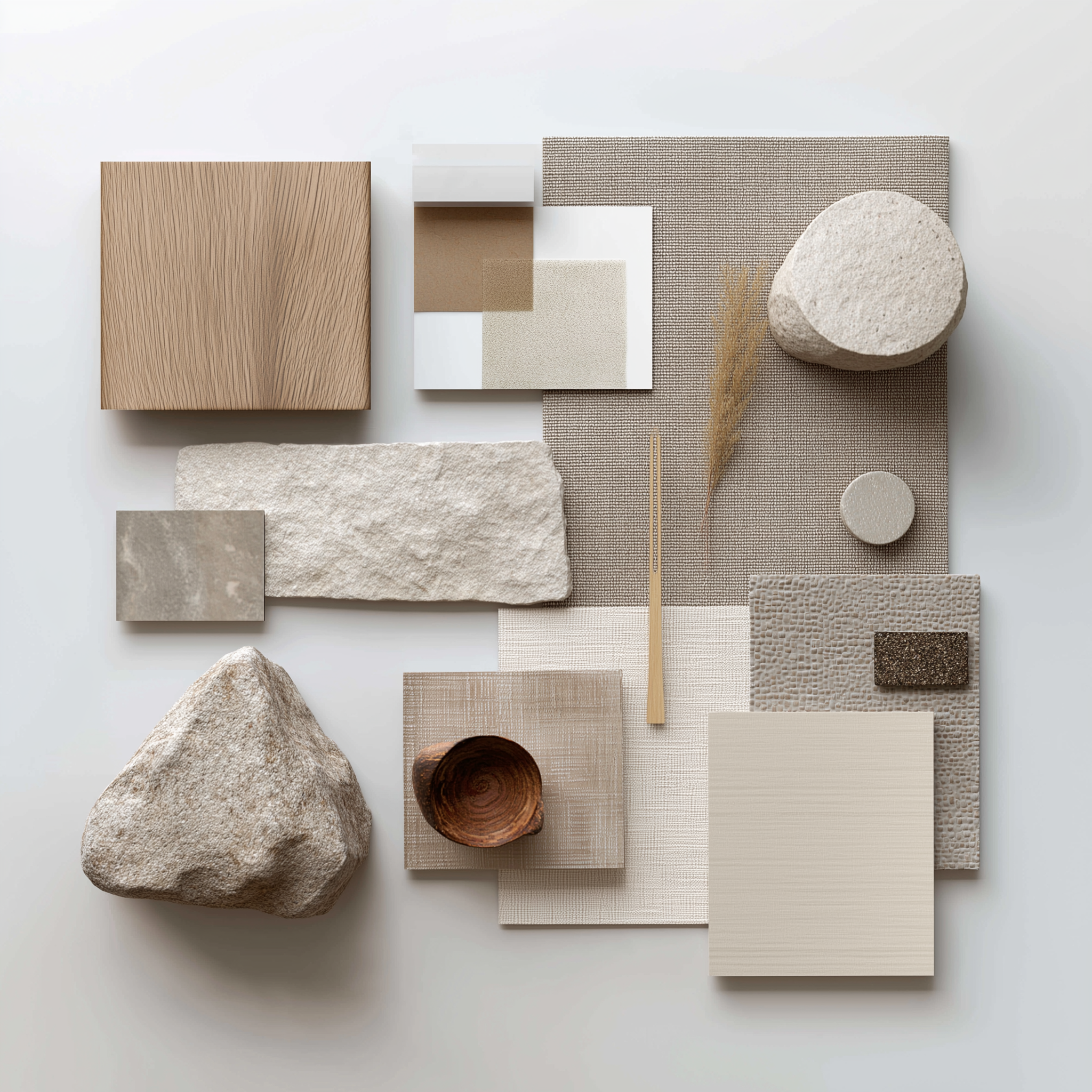 Neutral hard finish materials palette featuring stone, timber, and textured surfaces for interior specifications
