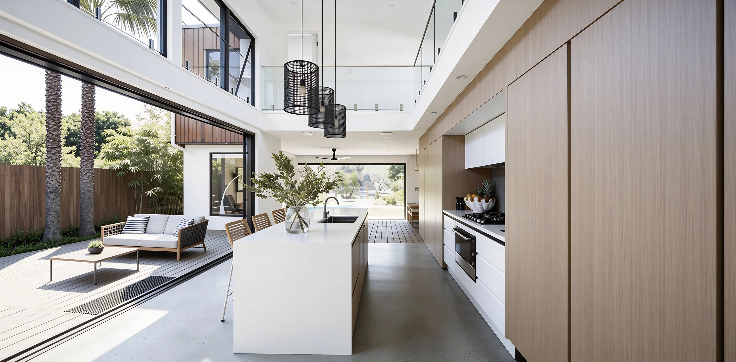 Contemporary kitchen interior design with natural timber cabinetry, stone island bench, and indoor-outdoor living by Studio Daly