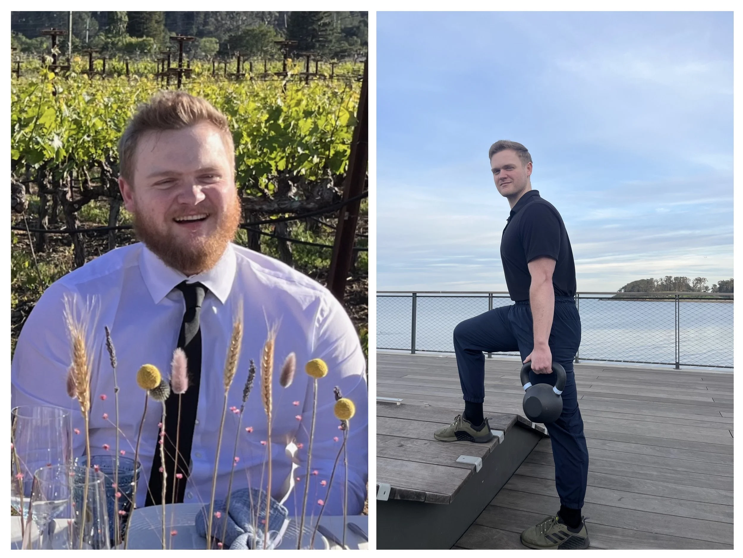 Person smiling before fat loss and person exercising after fat loss.