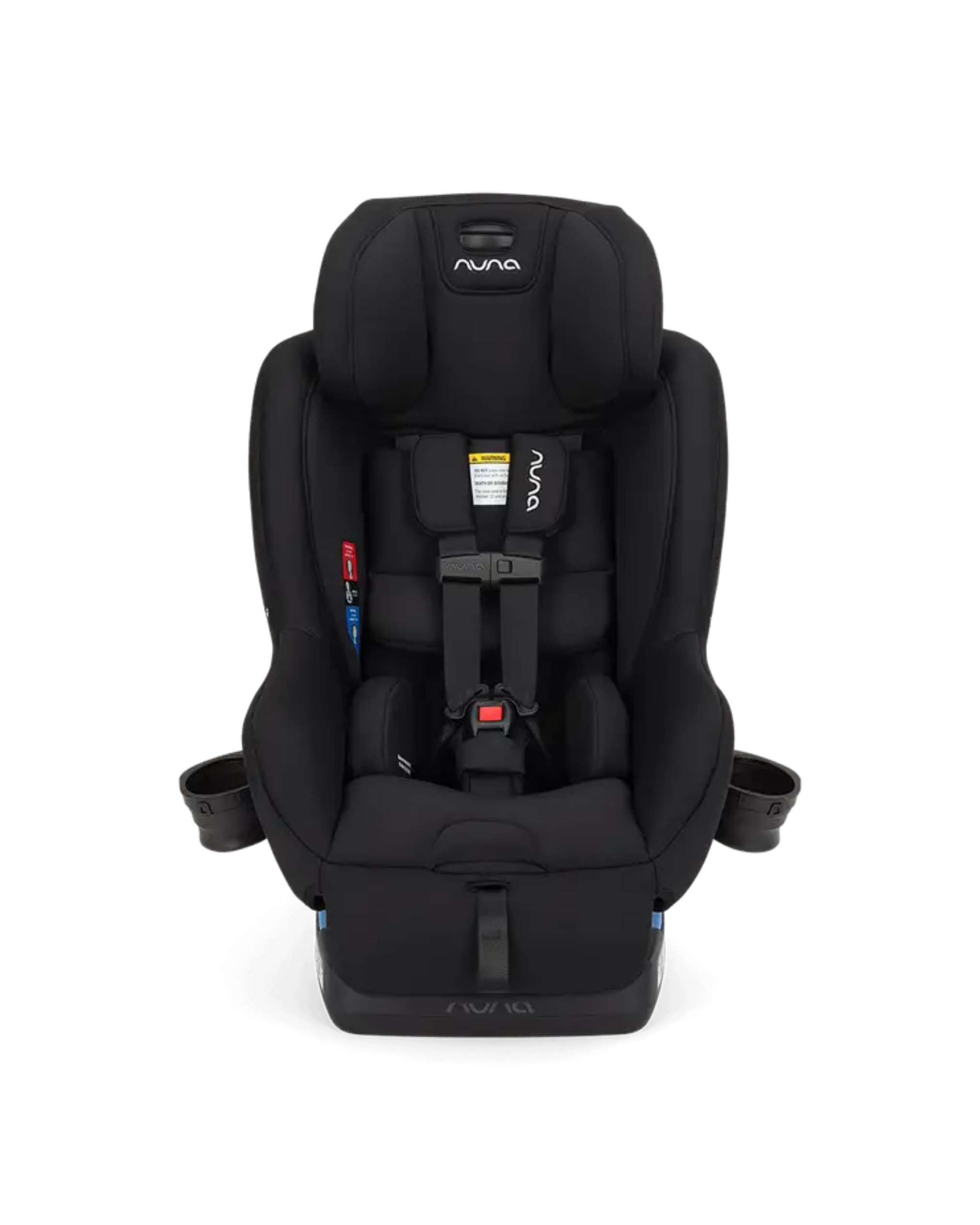 Black Nuna child car seat with head support and adjustable straps.