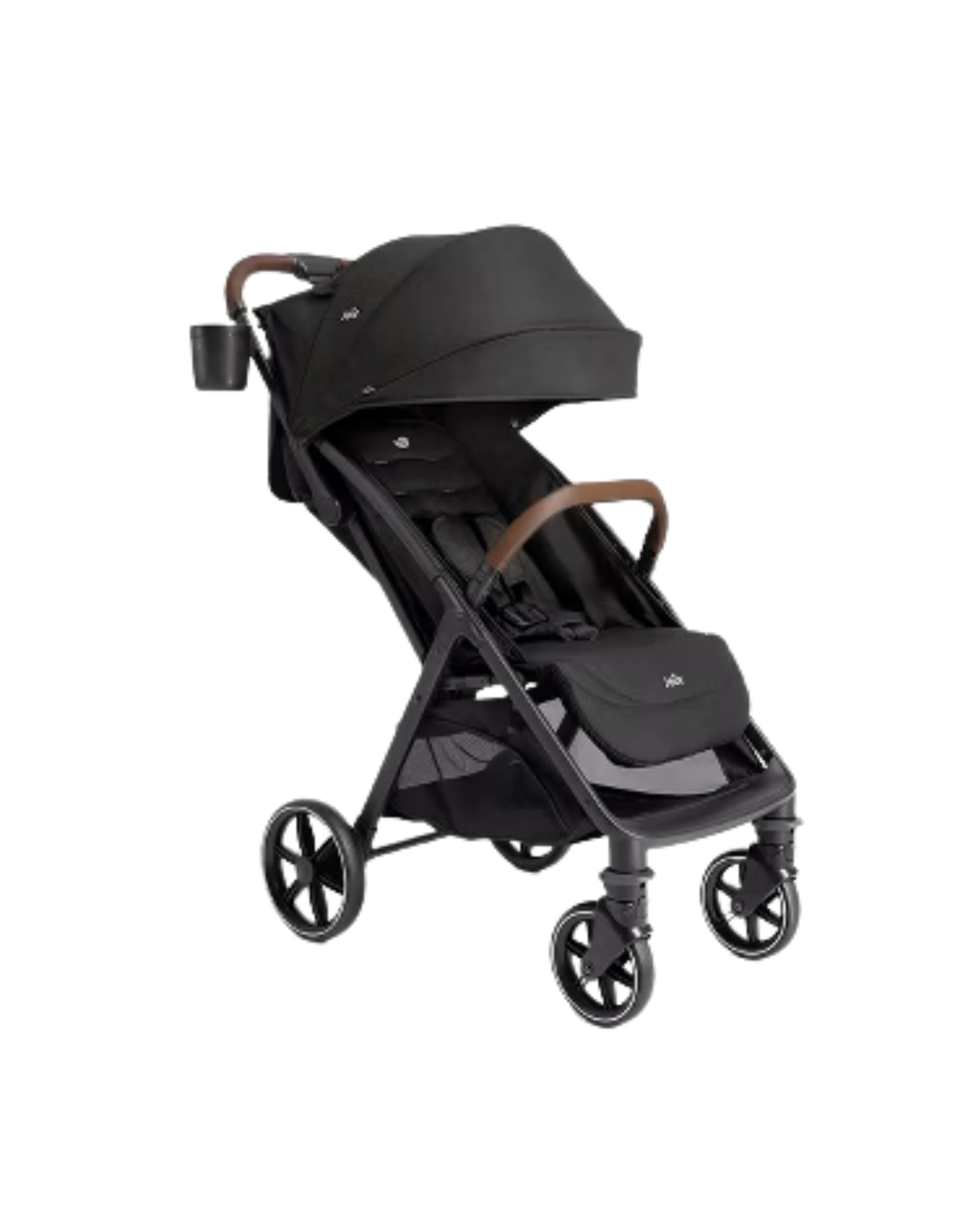 A black baby stroller with a canopy, front and back wheels, and a brown handle.