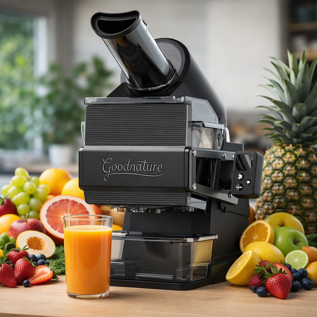 A black juicer labeled "Goodnature" on a kitchen counter surrounded by fresh fruits like strawberries, grapes, oranges, lemons, a pineapple, and a glass of orange juice.