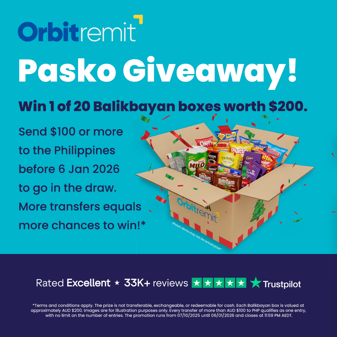 A promotional advertisement for Orbitremit Pasko Giveaway featuring a box filled with snacks and food items, surrounded by confetti.