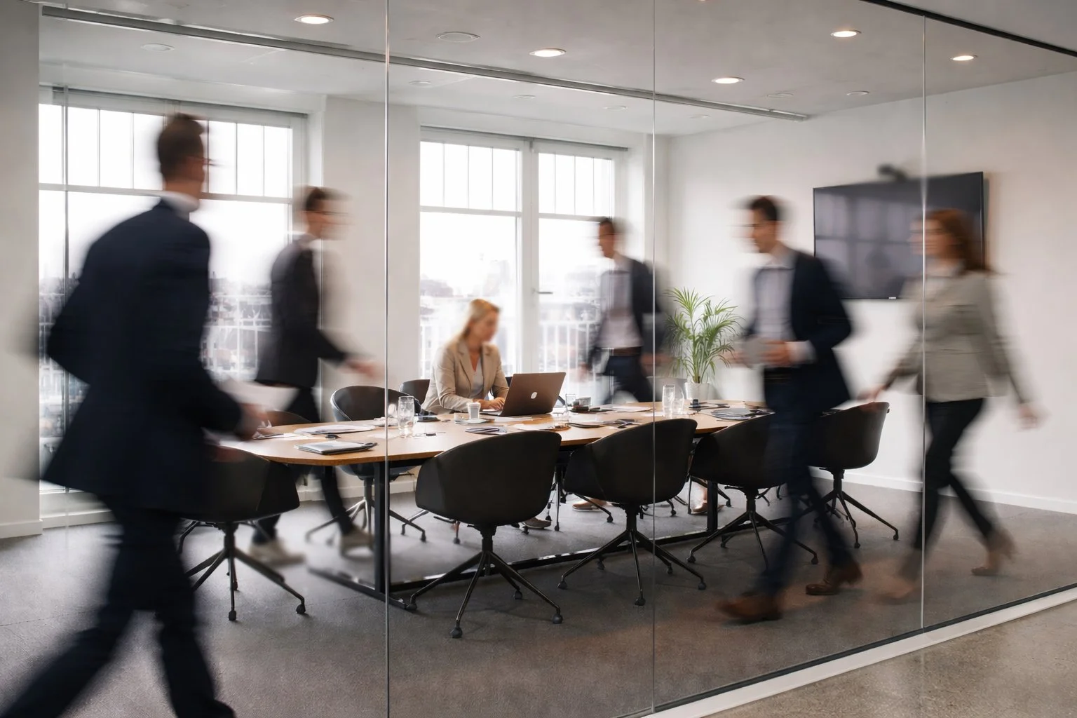 Business professionals walking past a glass-walled conference room where a woman is working on a laptop at a large table, while four other people walk by.