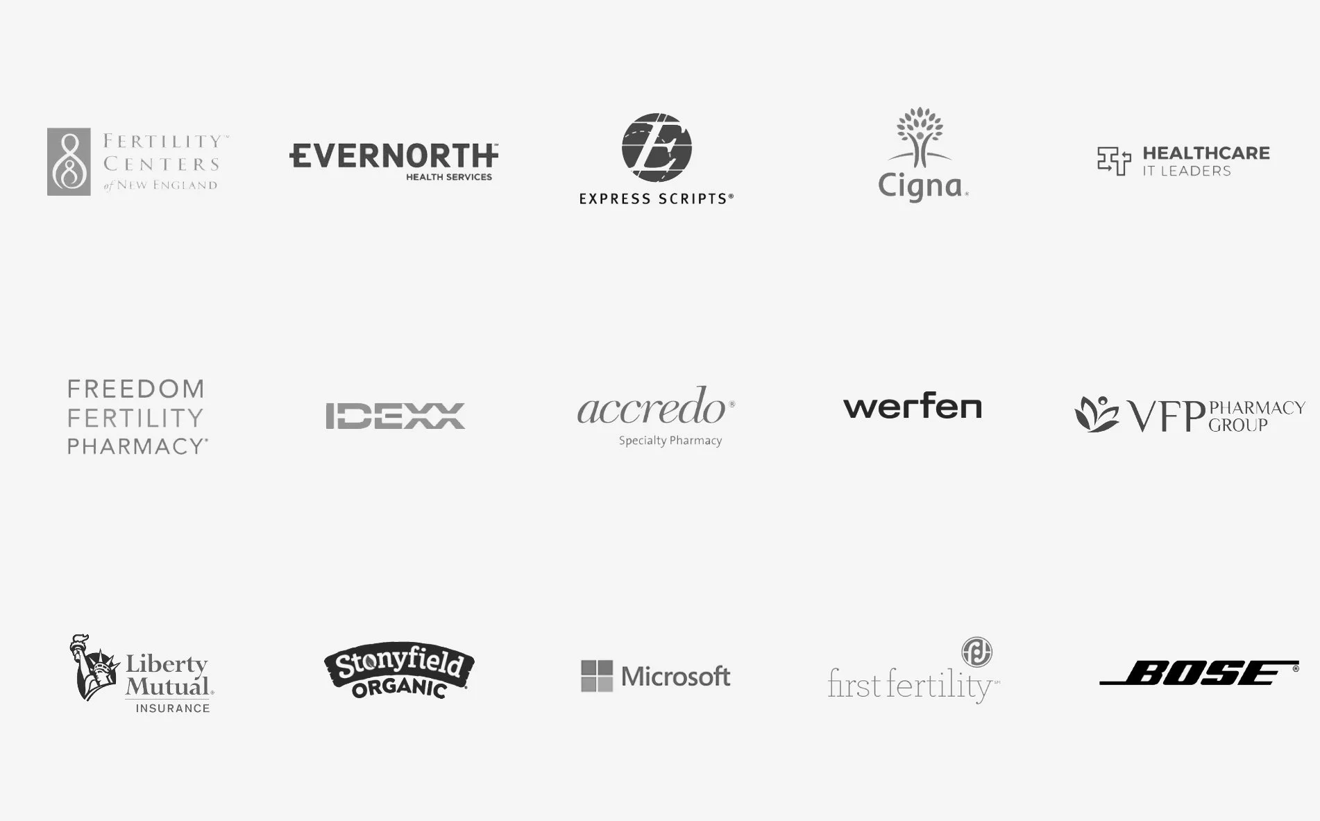 A collection of various company logos arranged in three rows on a light grey background.