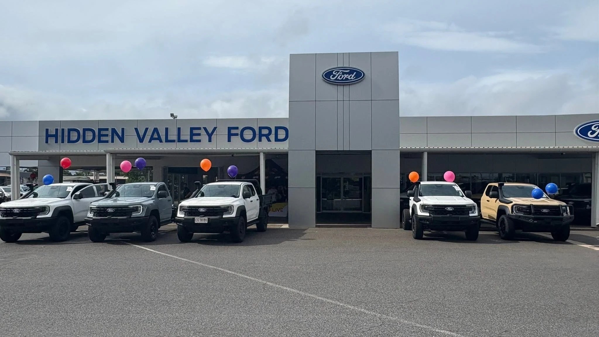 Front of a Ford dealership with its new front facade and updated look.