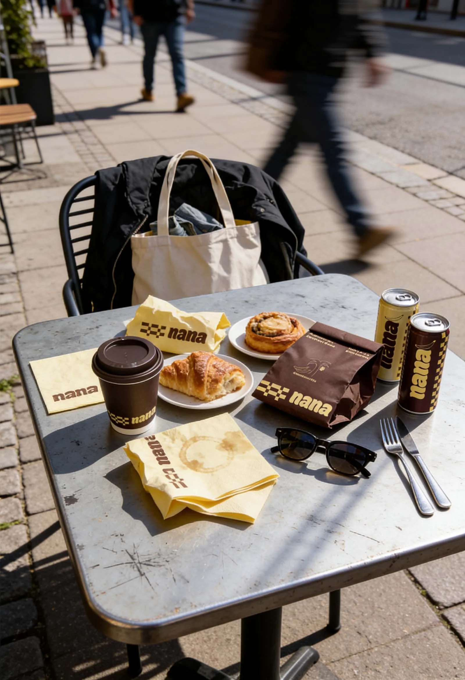Outdoor cafe table with received food, including croissants, cinnamon bun, coffee, and snacks, with black sunglasses and utensils, on sunny day with mobile people walking by.