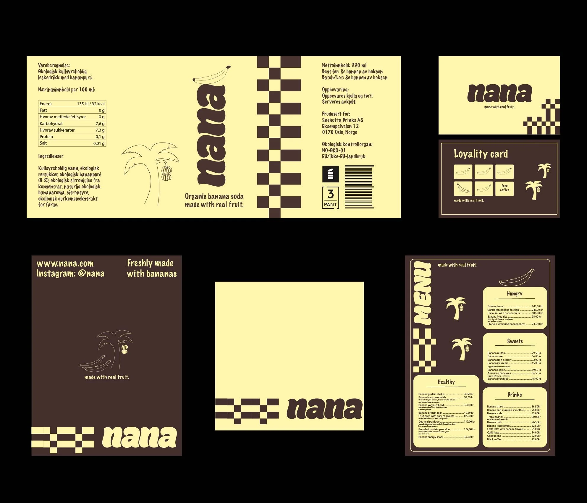Packaging for Nana organic banana soda with illustrations of bananas and palm trees on a yellow background.