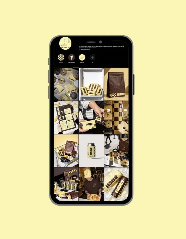 A smartphone displaying a grid of photos related to Nana biscuits on a yellow background.
