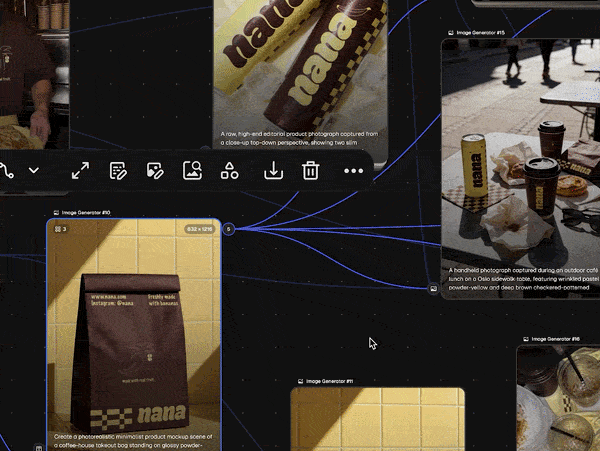 Screenshots of various photo mockup templates and product images, including food items like snacks and drinks, displayed on a computer interface related to image generation or editing.