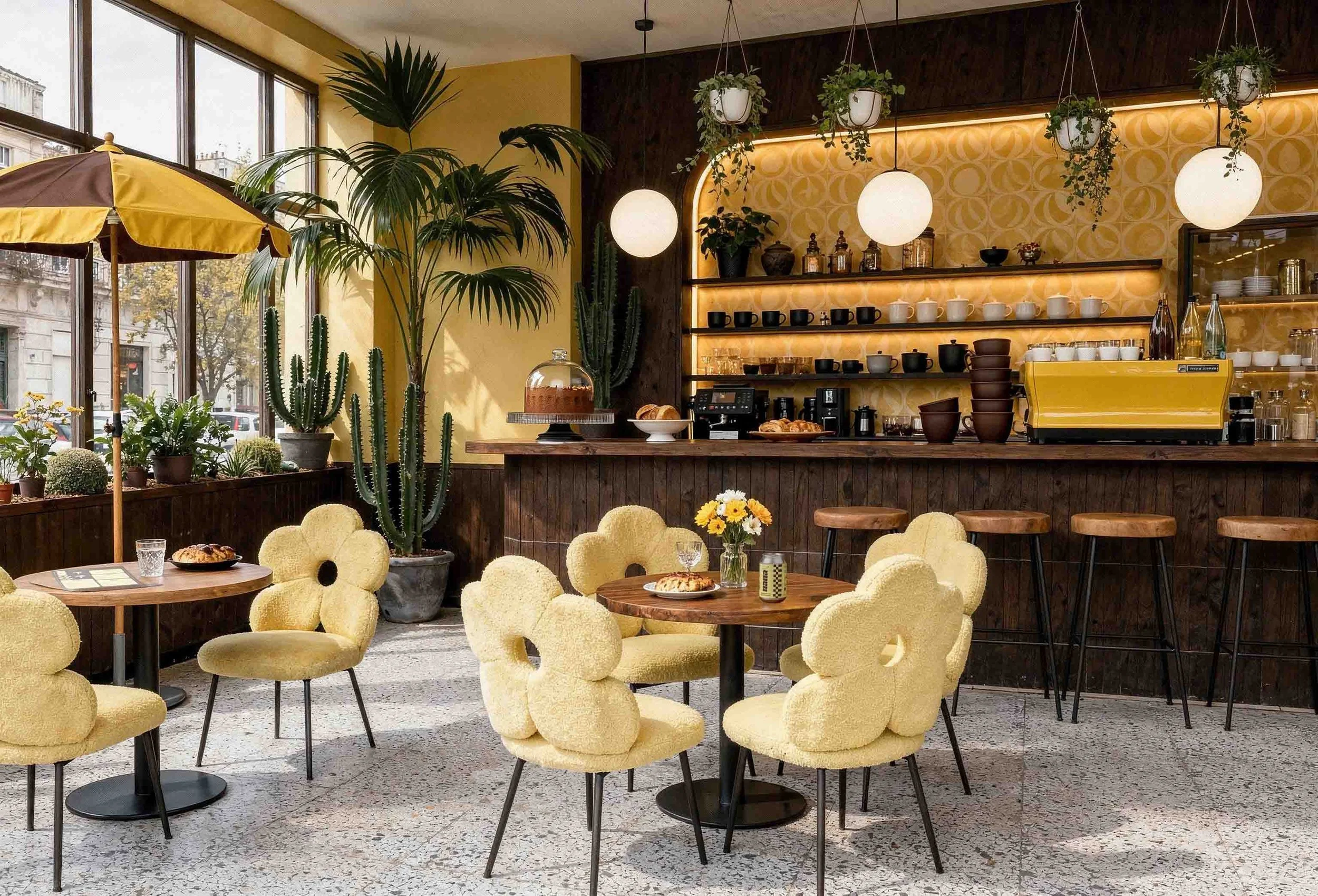 A cozy indoor cafe scene with yellow, plush, flower-shaped chairs around small round wooden tables, decorated with flowers and food. Large windows bring in natural light, and inside plants including cacti and palm trees adorn the space. A counter in the background displays cups, bowls, and coffee equipment, with warm lighting and hanging potted plants.