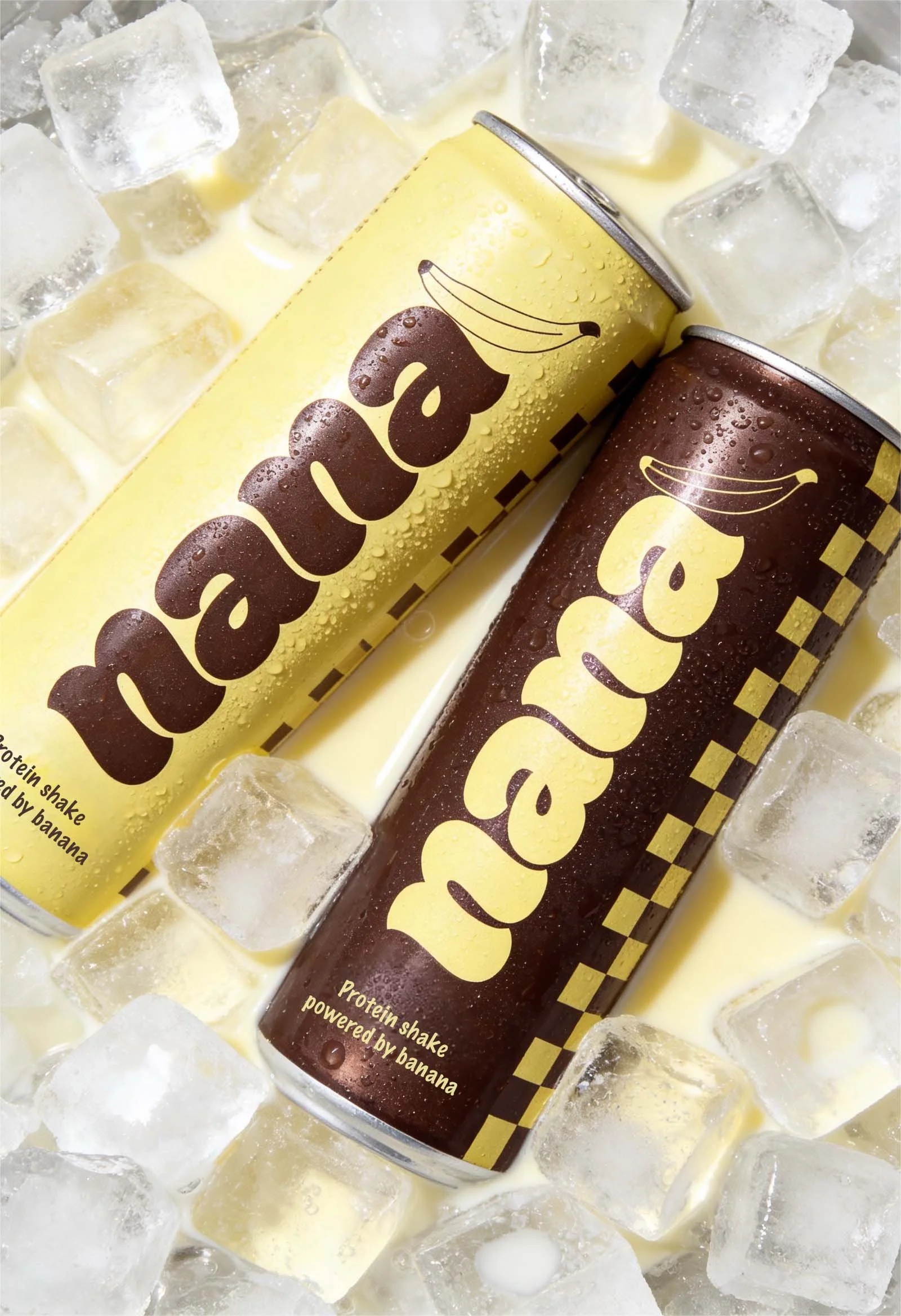 Two cans of protein shake powder, one yellow and one brown, resting on ice cubes, with the yellow can labeled "banana" and the brown can labeled "chocolate."