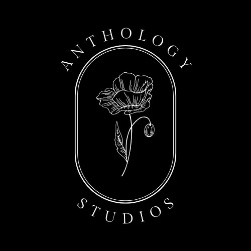 Minimalist black and white logo for Anthology Studios with a line drawing of a flower inside an oval frame.