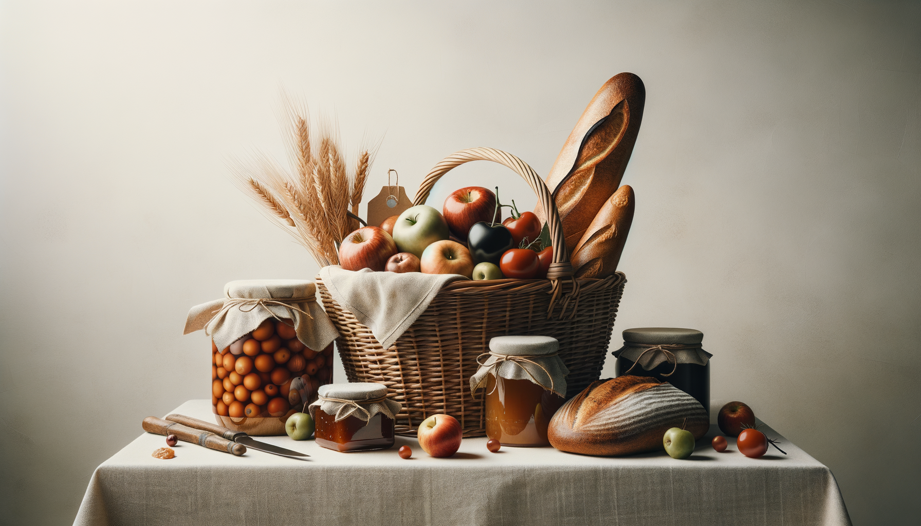 A basket of assorted apples and vegetables, alongside jars of honey, loaves of bread, and decorative wheat stalks on a table with a beige tablecloth.