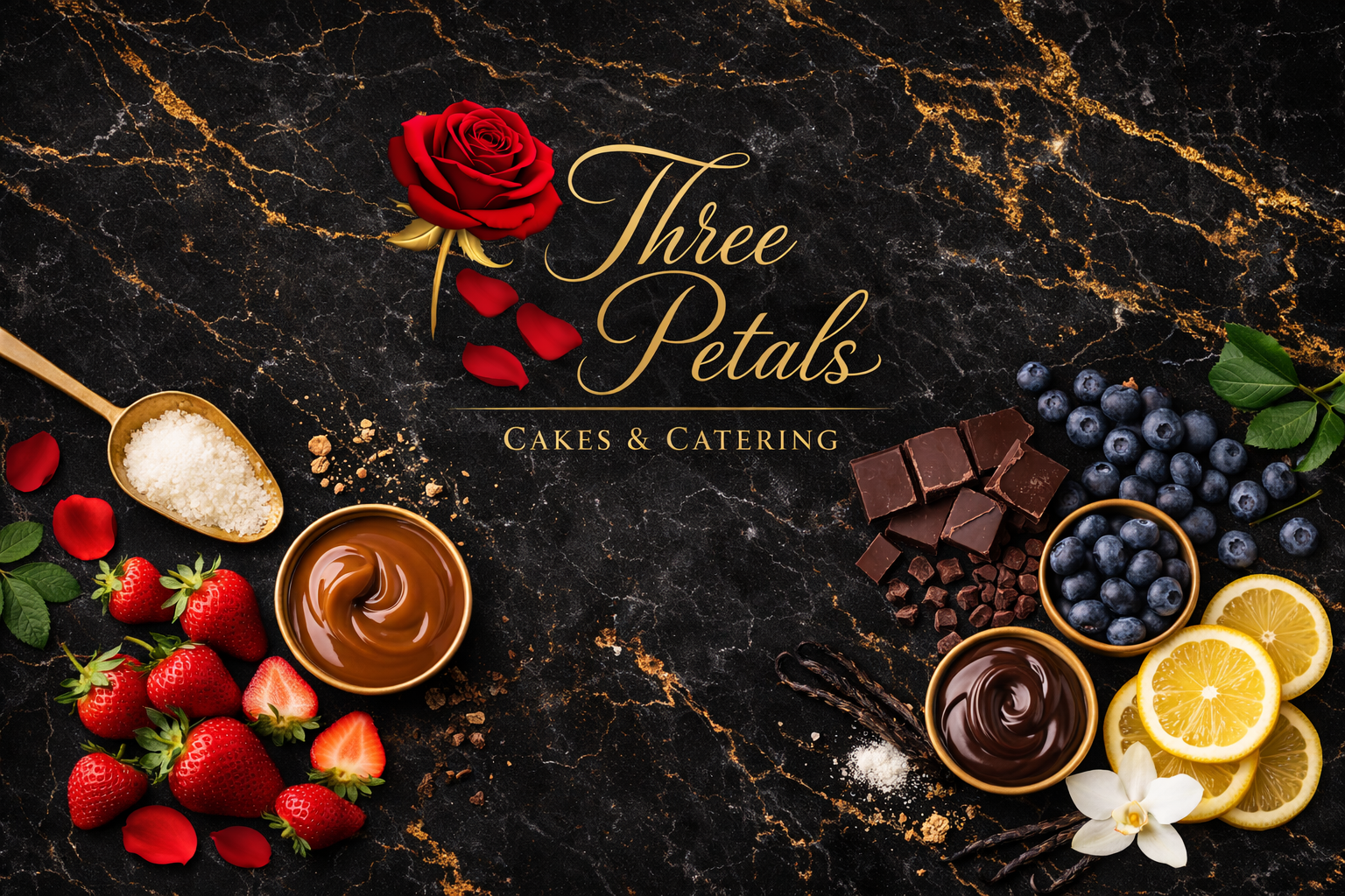 Flat lay of strawberries, blueberries, lemon slices, chocolate, and ingredients on a dark marble background with text 'Three Petals Cakes & Catering' and a red rose.