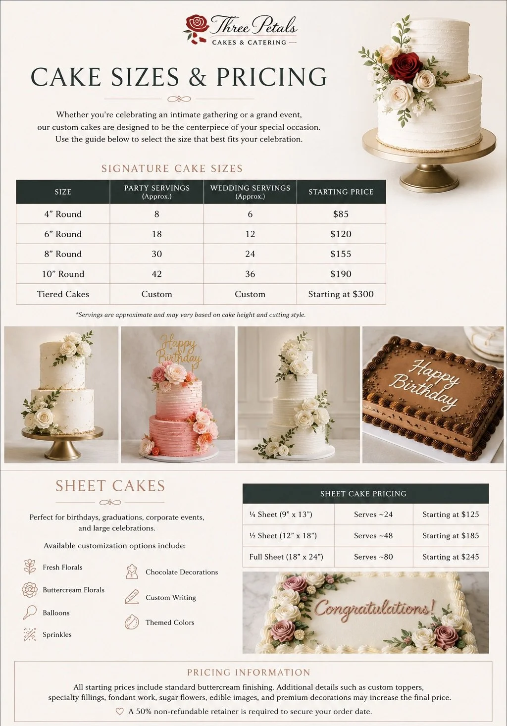 A menu for Three Petals Cakes & Catering displaying cake sizes, pricing, and images of decorated cakes including tiered cakes and sheet cakes.