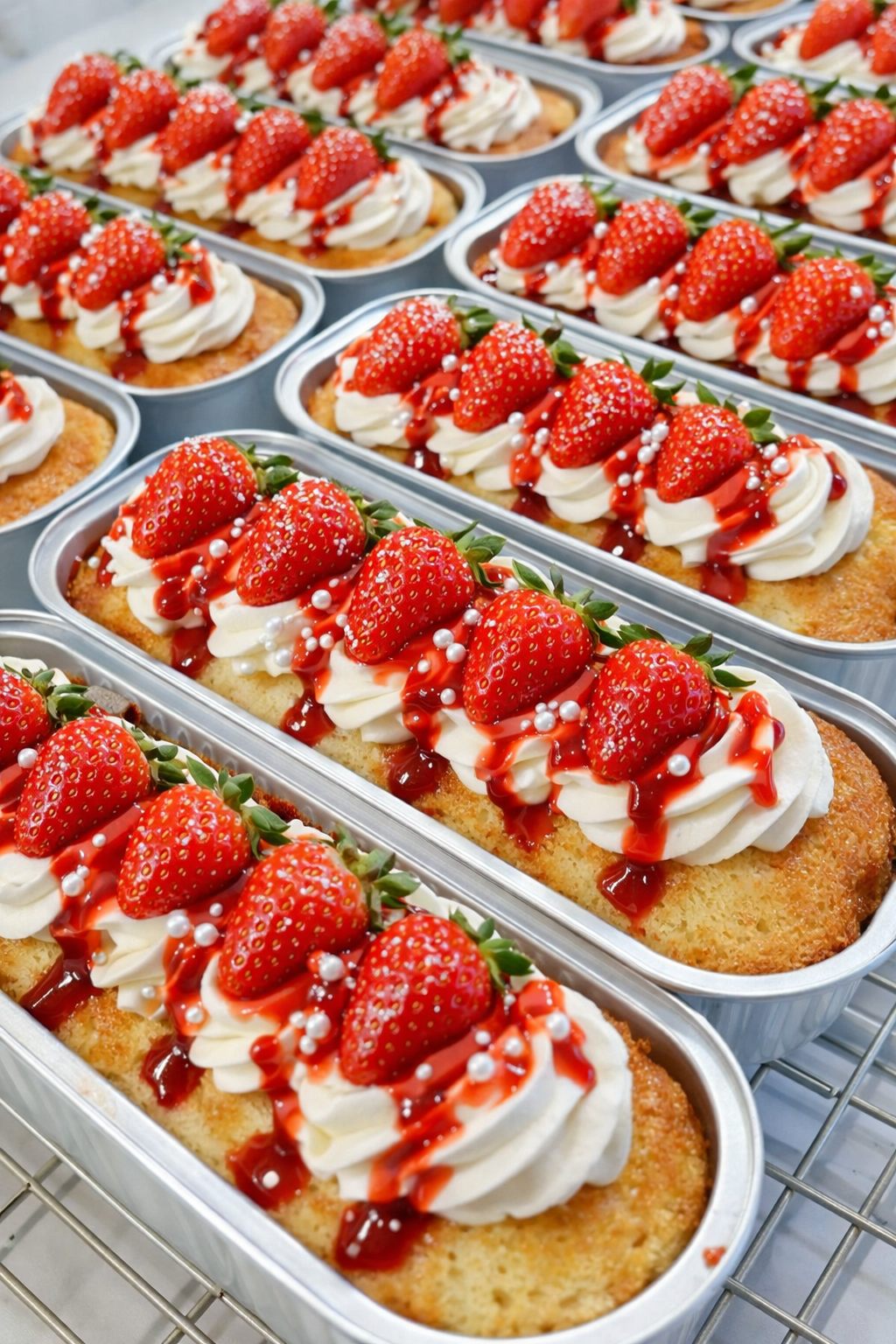 Rows of strawberry shortcakes with whipped cream, strawberries, and red syrup in aluminum trays.