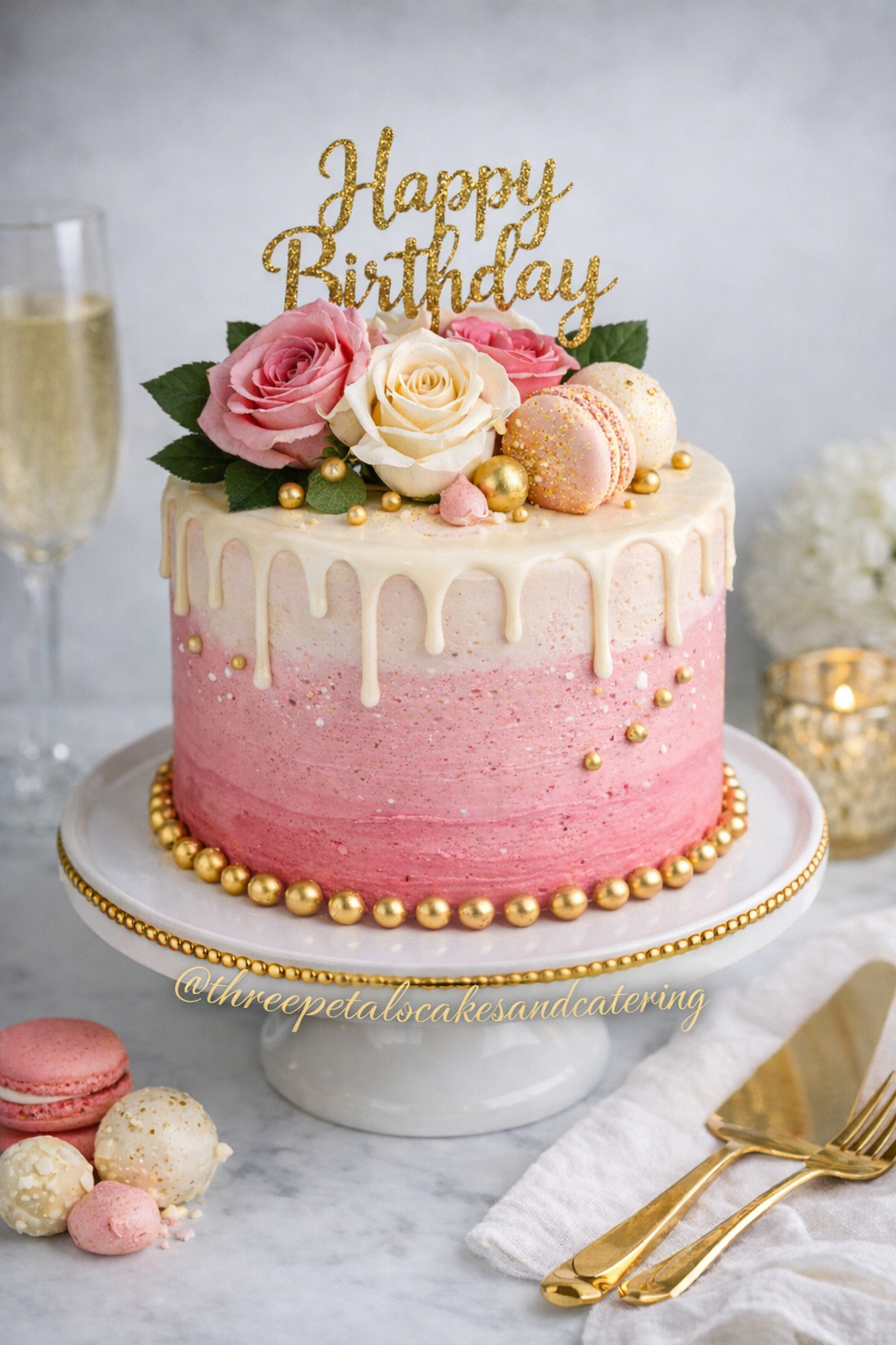Pink and white birthday cake decorated with roses, macarons, and gold accents, topped with a gold "Happy Birthday" topper, with champagne and pastries in the background.