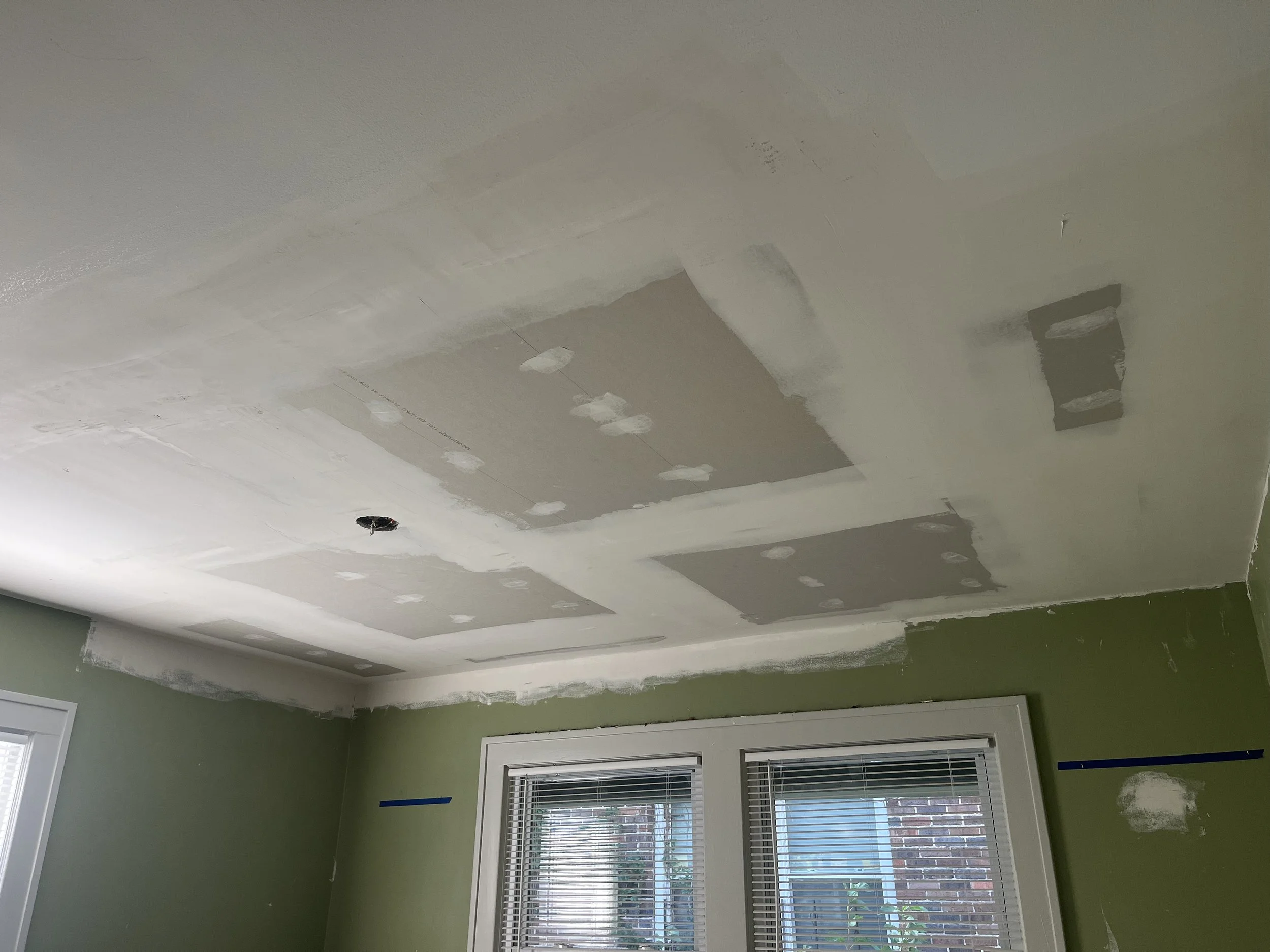 Bedroom ceiling, finished, ready for paint (during)
