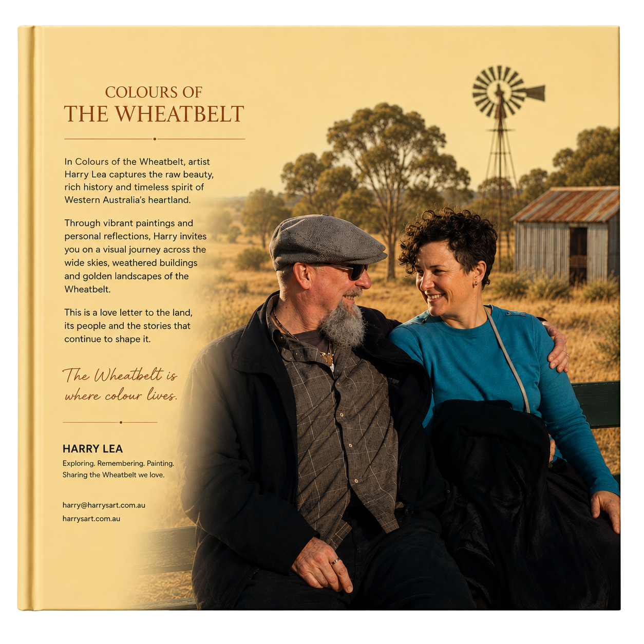 Back cover of Colours of the Wheatbelt book by Harry Lea featuring an author bio, blurb, and a rustic rural landscape background with a windmill.