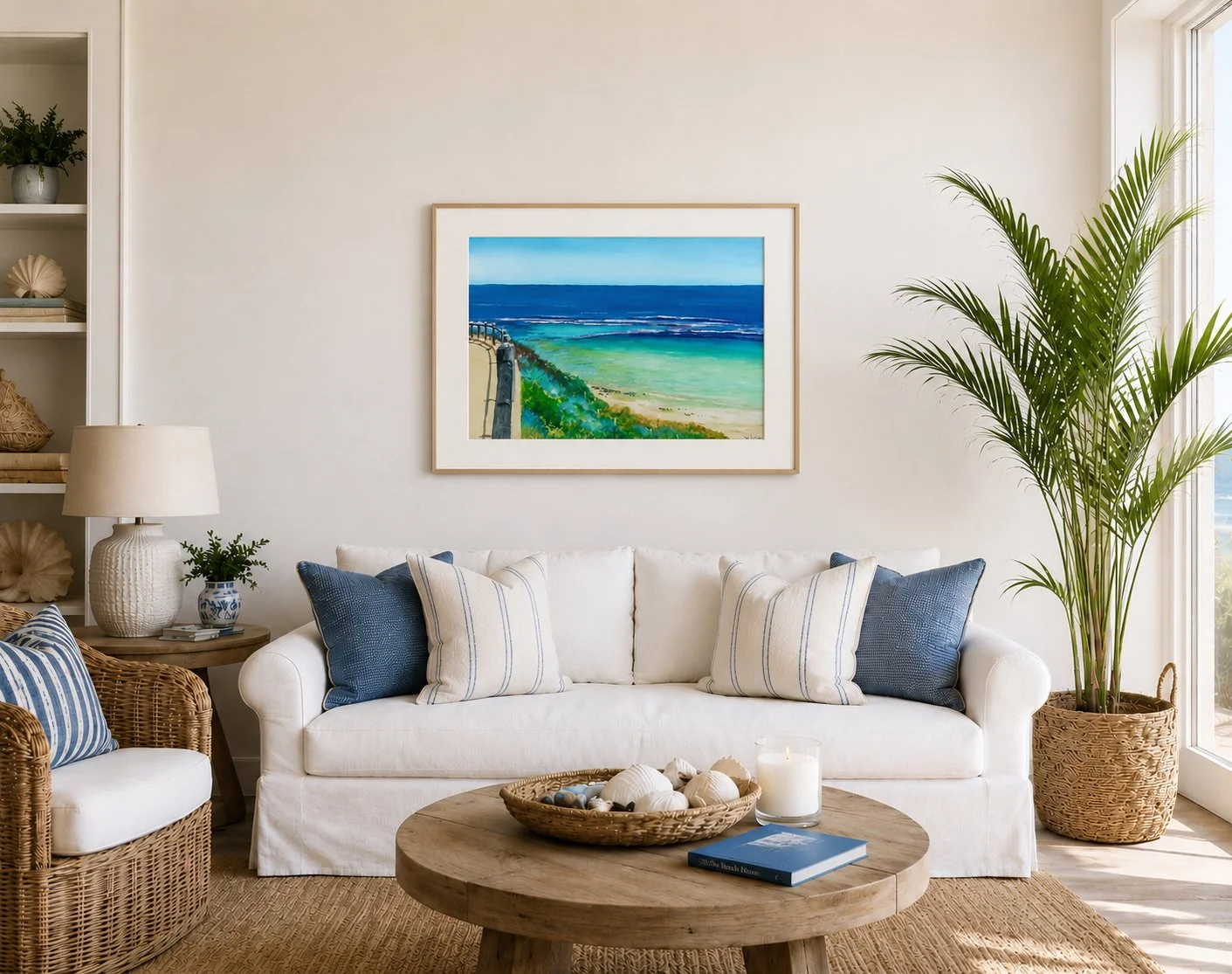 The original Yanchep Lagoon seascape painting displayed as serene coastal wall art in a modern living room interior mockup.