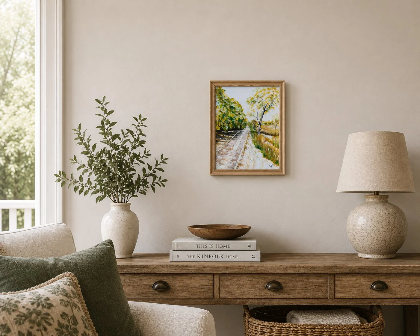 The original watercolour landscape painting A Track on Fraser Island featured in a contemporary, light-filled room interior mockup.