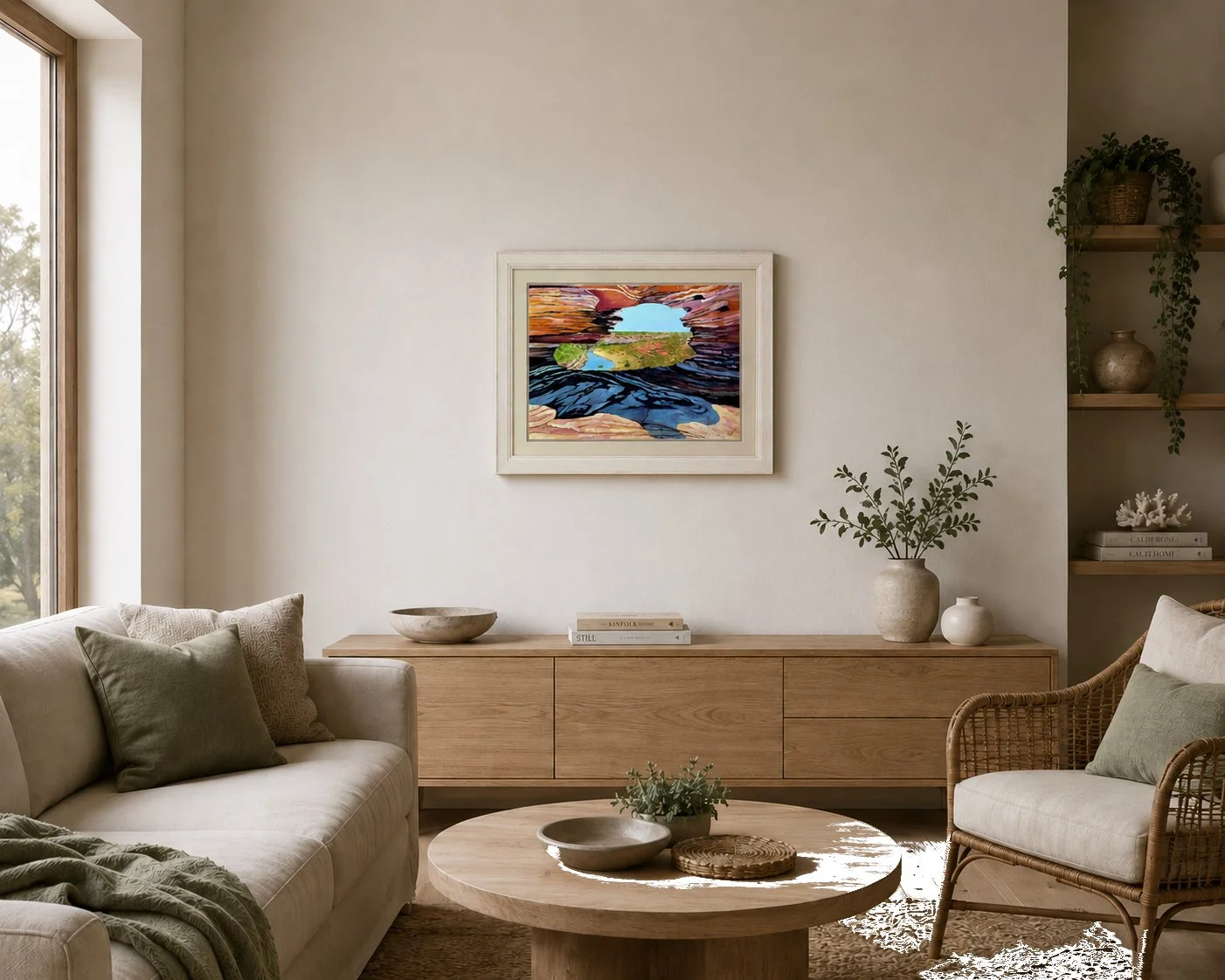 The framed original Kalbarri landscape painting Nature's Window displayed as a striking statement piece in a modern living room interior mockup.