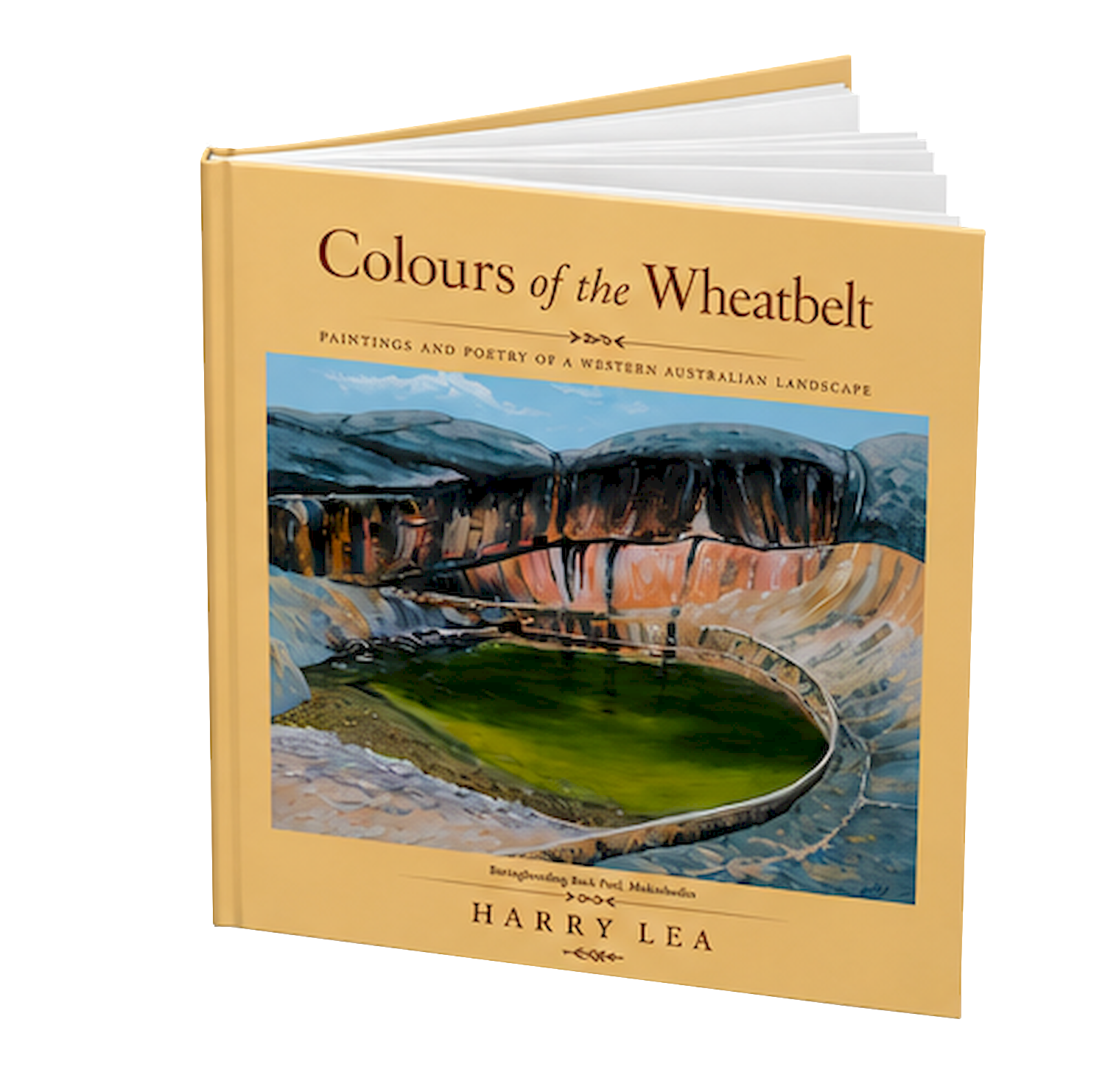 Standing three-quarter view of the partially opened art book Colours of the Wheatbelt by Harry Lea showing the interior pages.