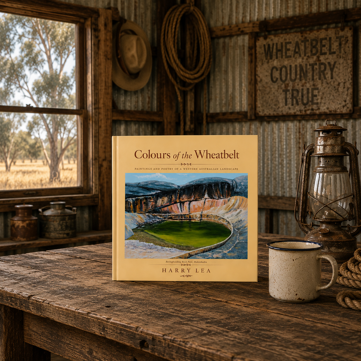 Colours of the Wheatbelt art book displayed on a rustic wooden table inside an authentic Australian outback shed with a vintage lantern.