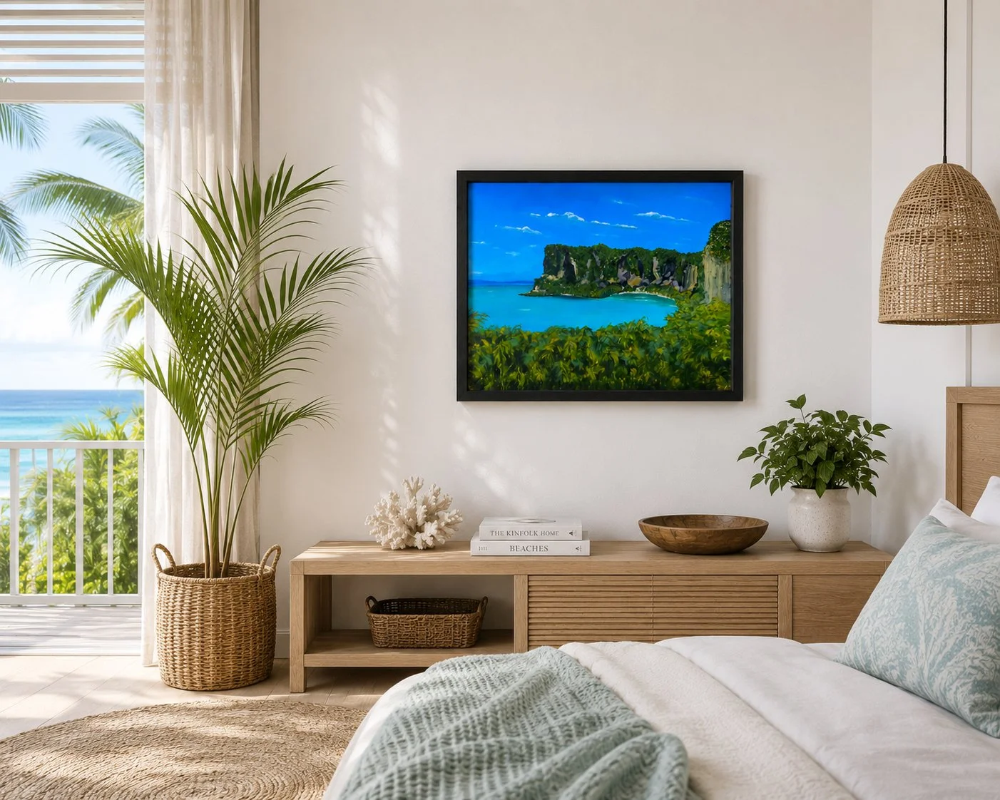 Room mock-up of Lovers Escape by Harry Lea, original tropical coastal landscape painting displayed in a bright beach house interior.