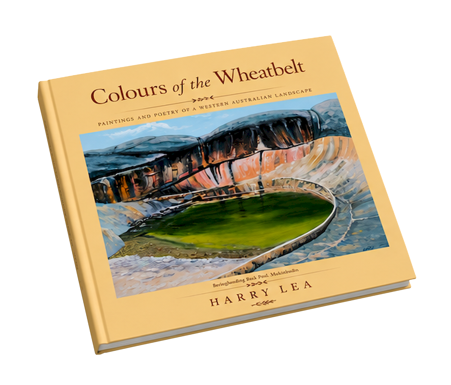 Three-quarter angled view of the hardback art book Colours of the Wheatbelt by Western Australian artist Harry Lea.